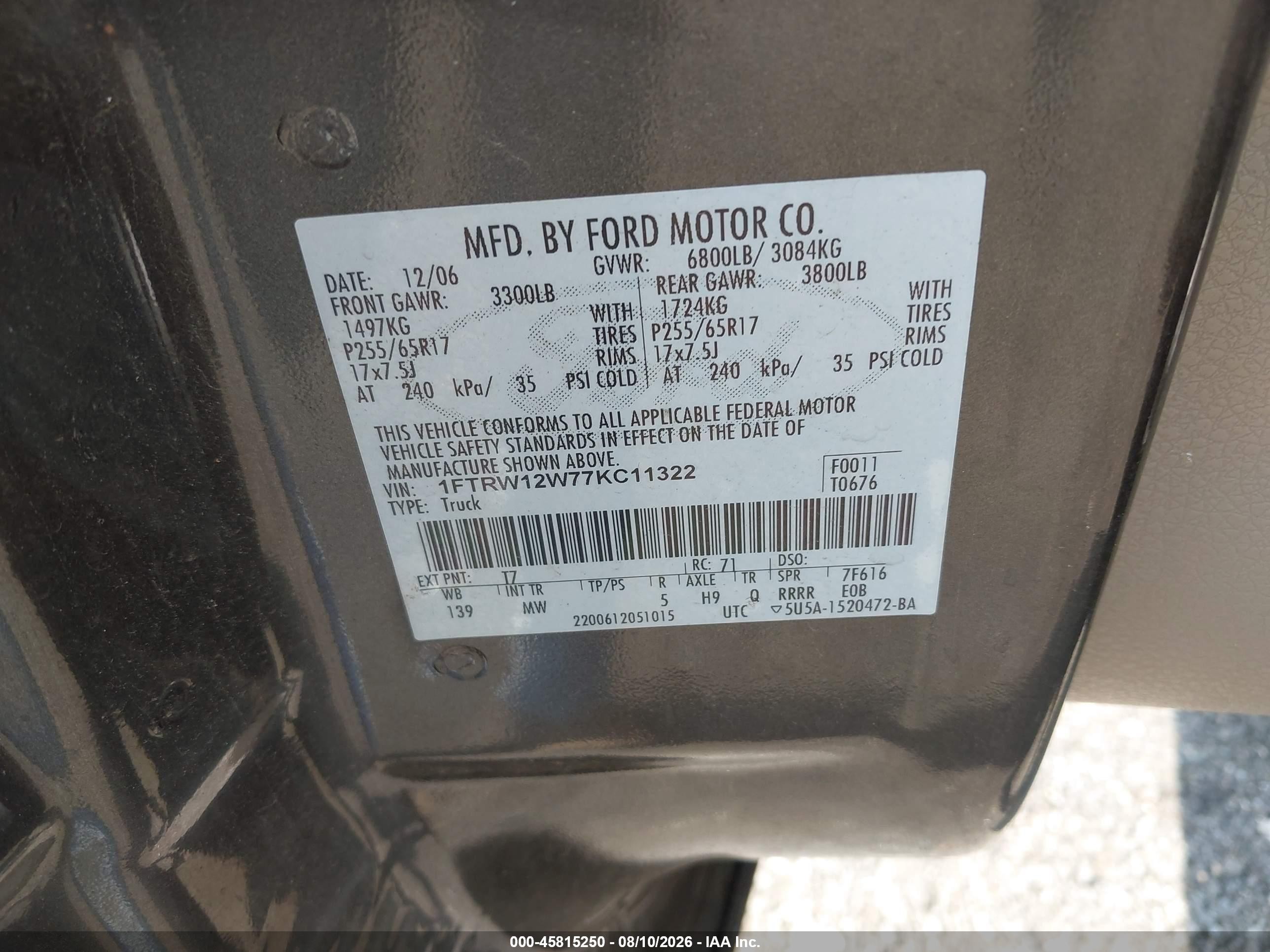 2007 Ford F-150 Xlt Gray vin: 1FTRW12W77KC11322