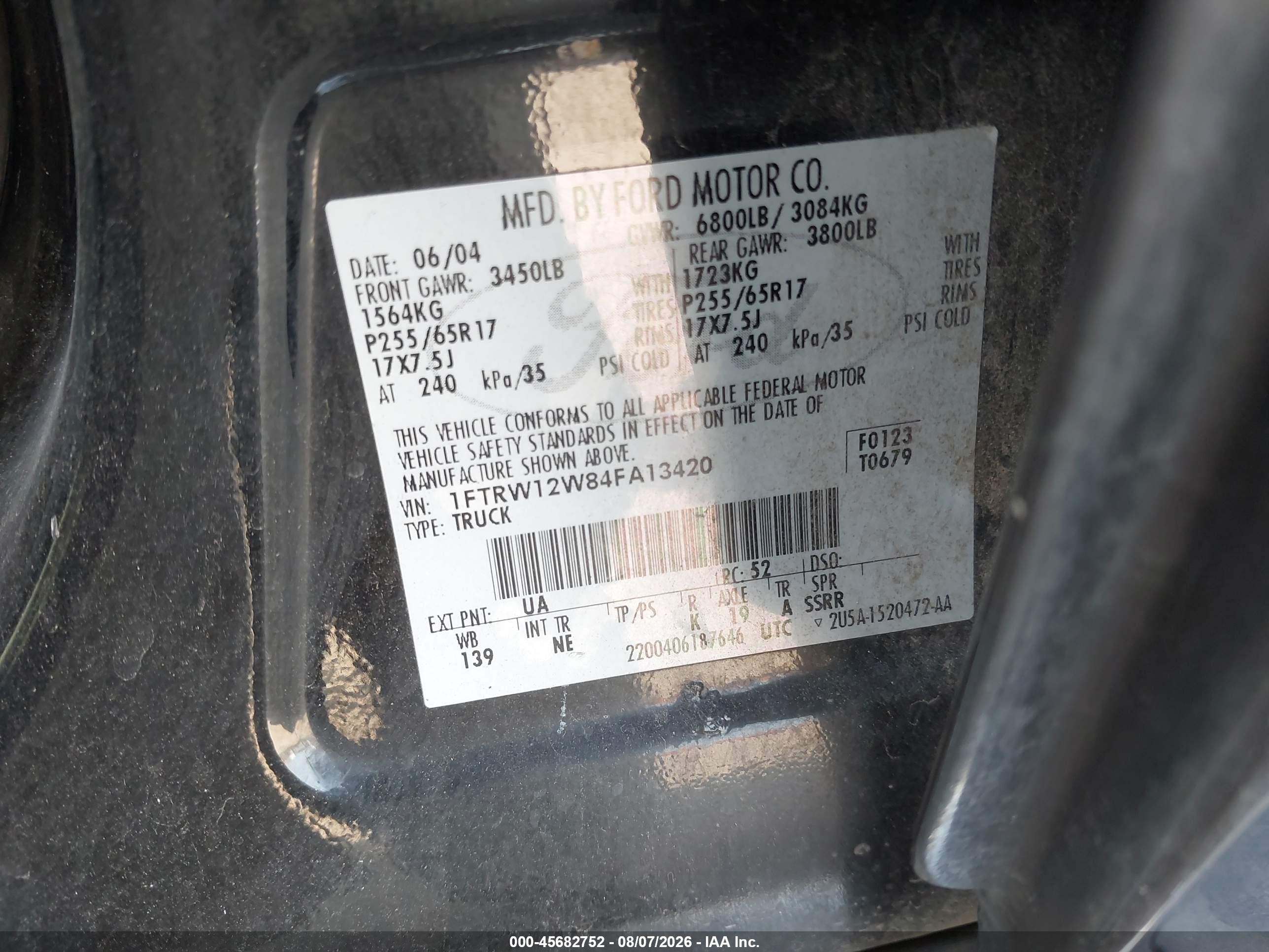 2004 Ford F-150 Xlt Черный vin: 1FTRW12W84FA13420