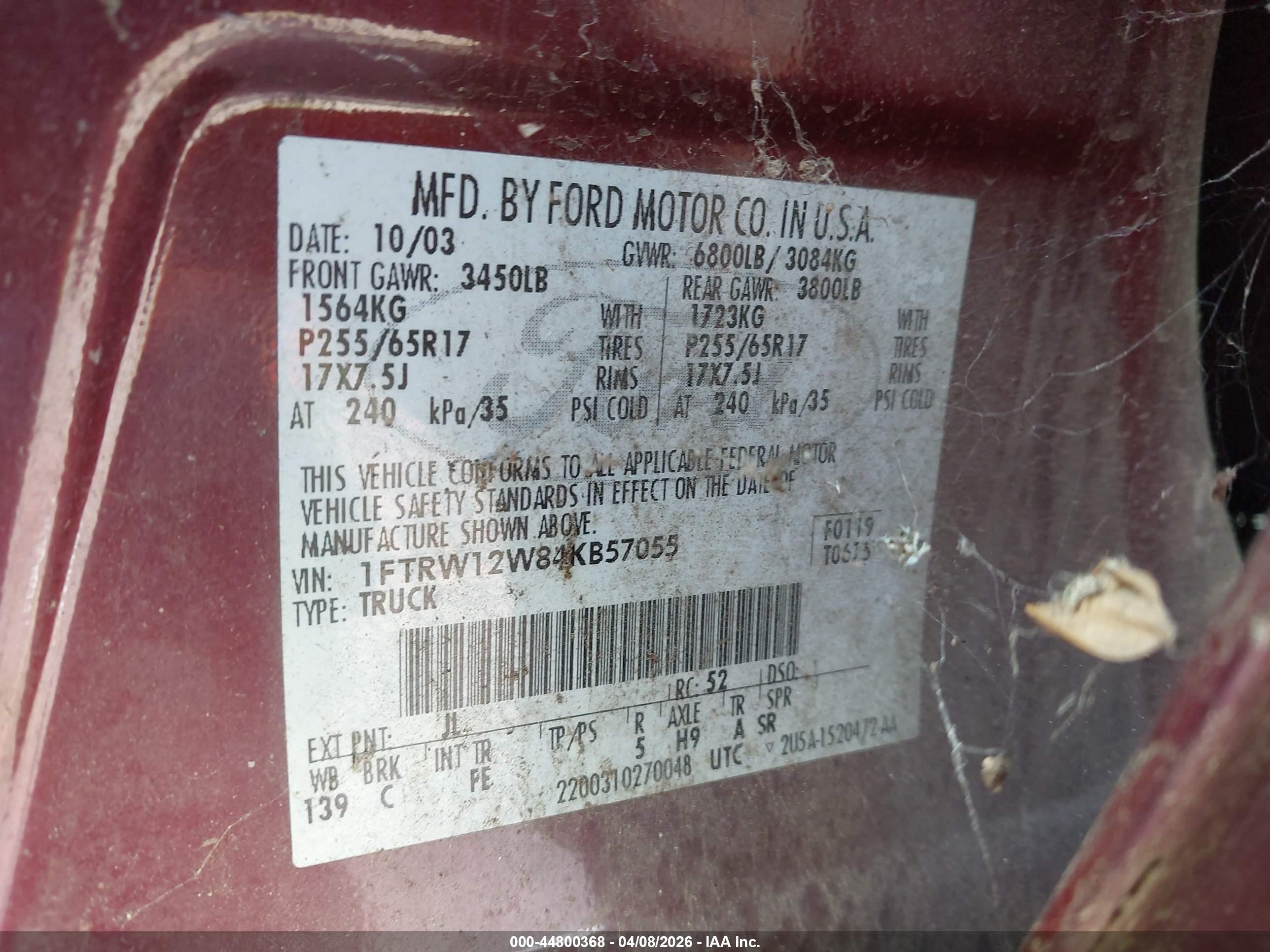 2004 Ford F-150 Xlt Red vin: 1FTRW12W84KB57055