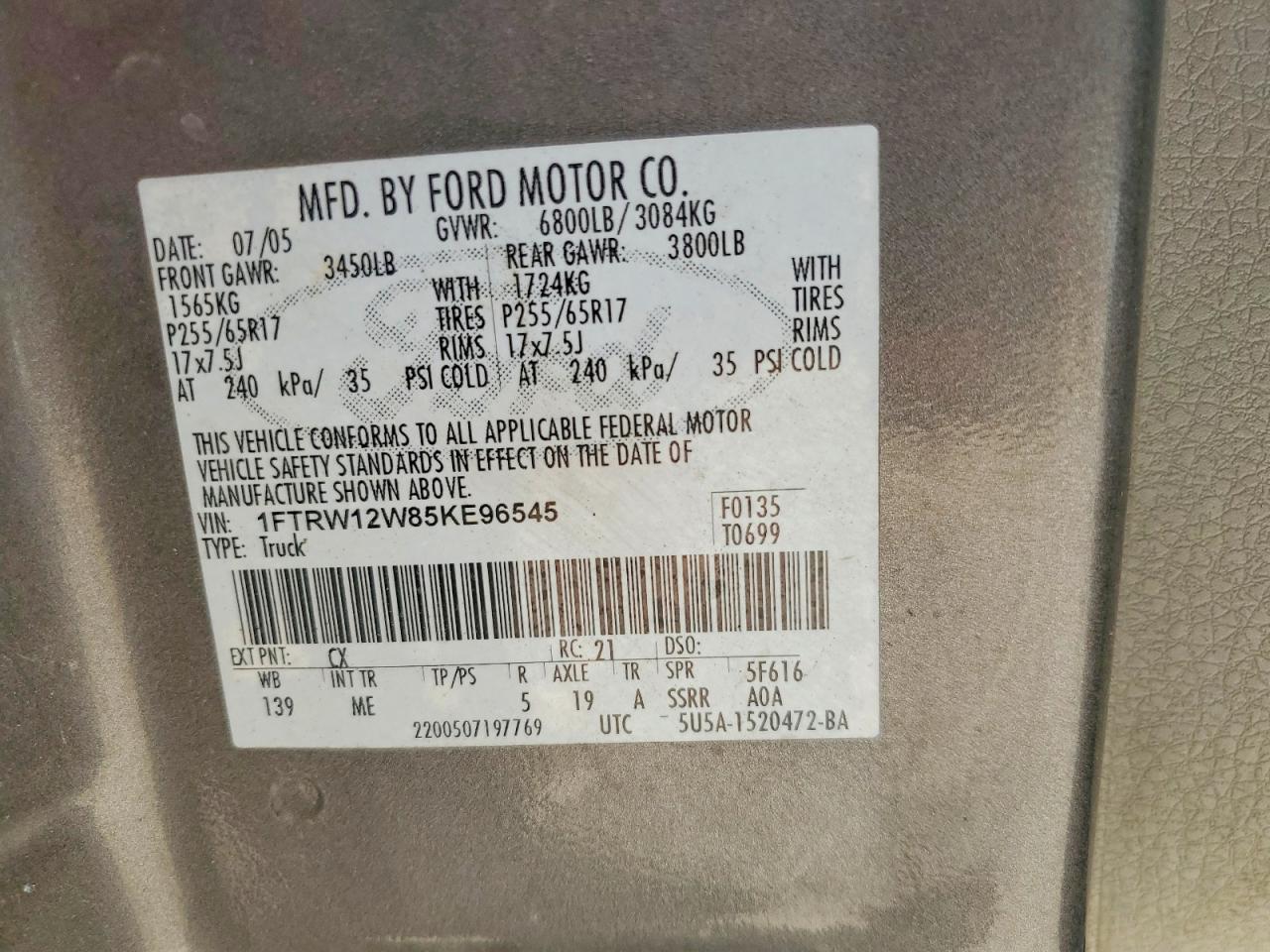 2005 Ford F150 Supercrew Charcoal vin: 1FTRW12W85KE96545
