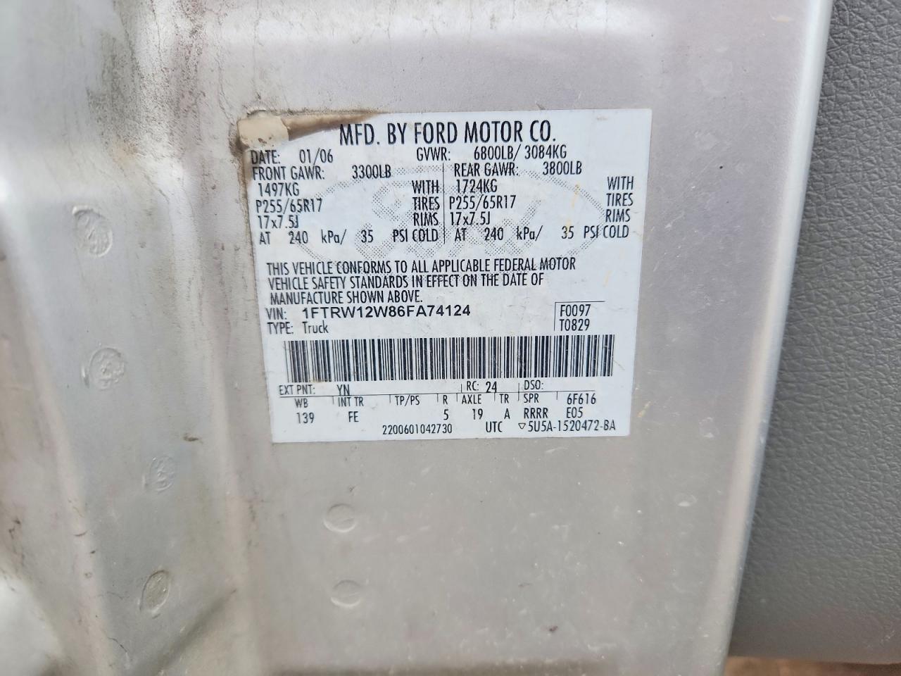 2006 Ford F150 Supercrew Silver vin: 1FTRW12W86FA74124