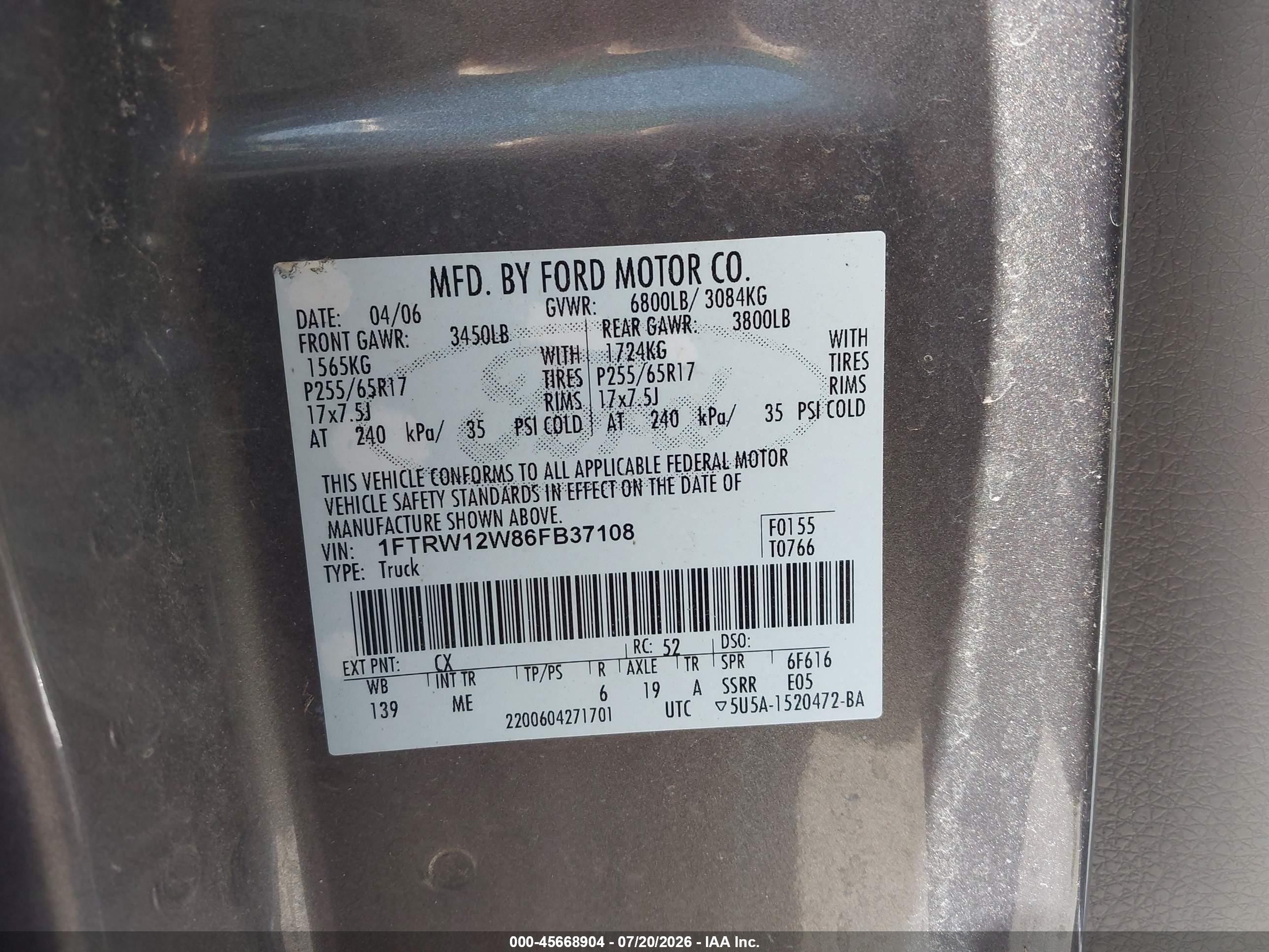2006 Ford F-150 Xlt Gray vin: 1FTRW12W86FB37108