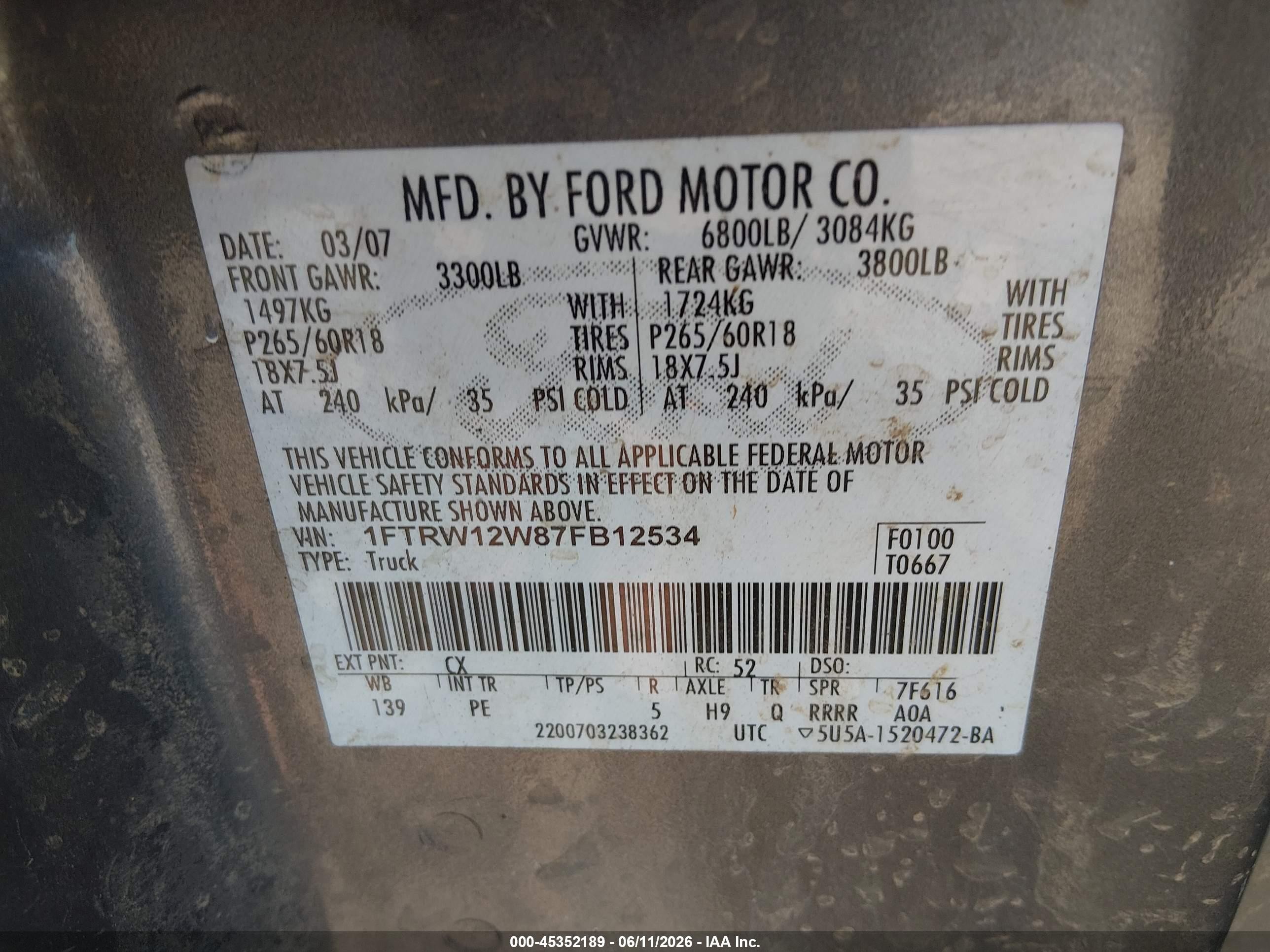 2007 Ford F-150 Xlt Gray vin: 1FTRW12W87FB12534