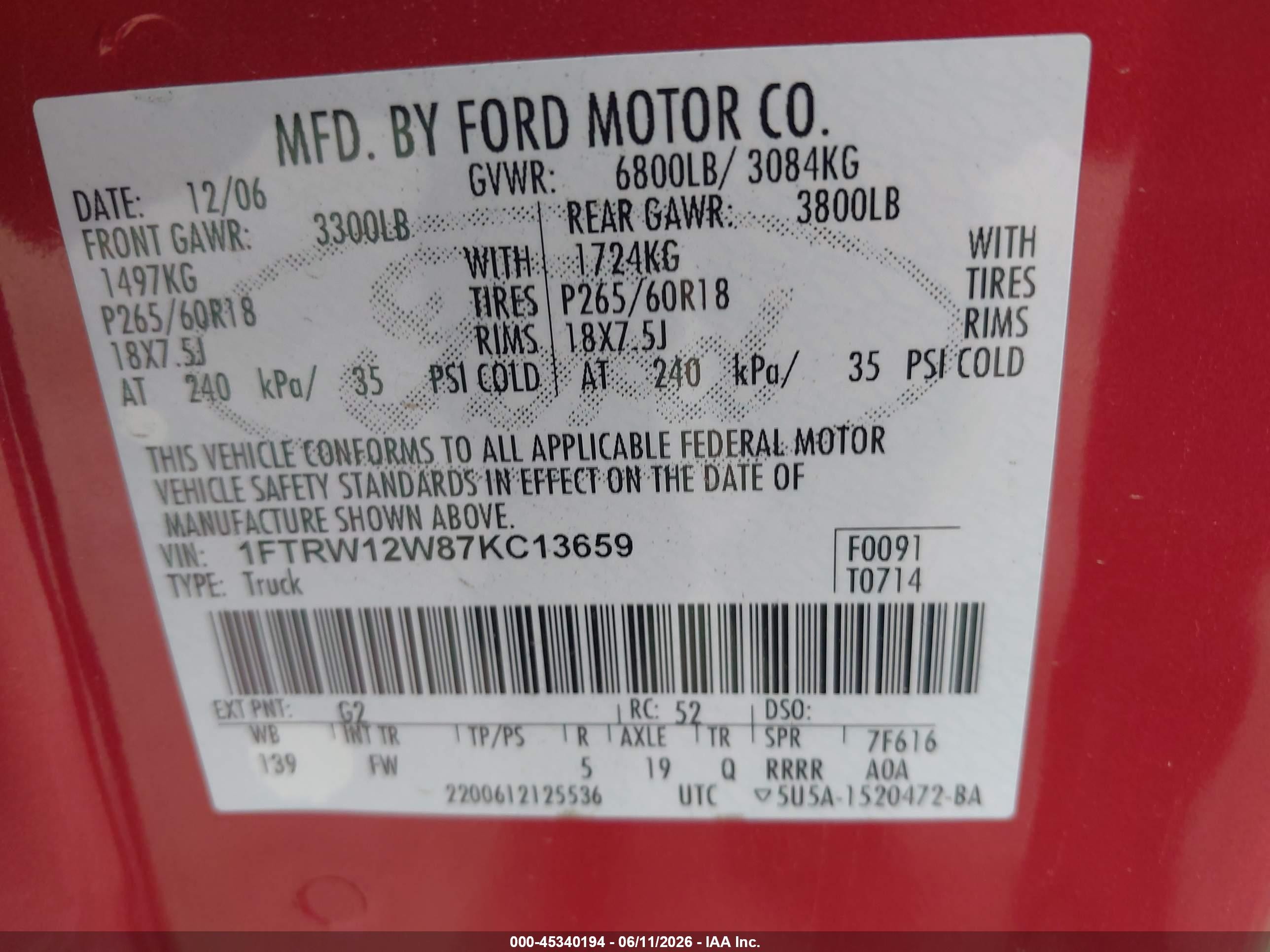 2007 Ford F-150 Xlt Красный vin: 1FTRW12W87KC13659