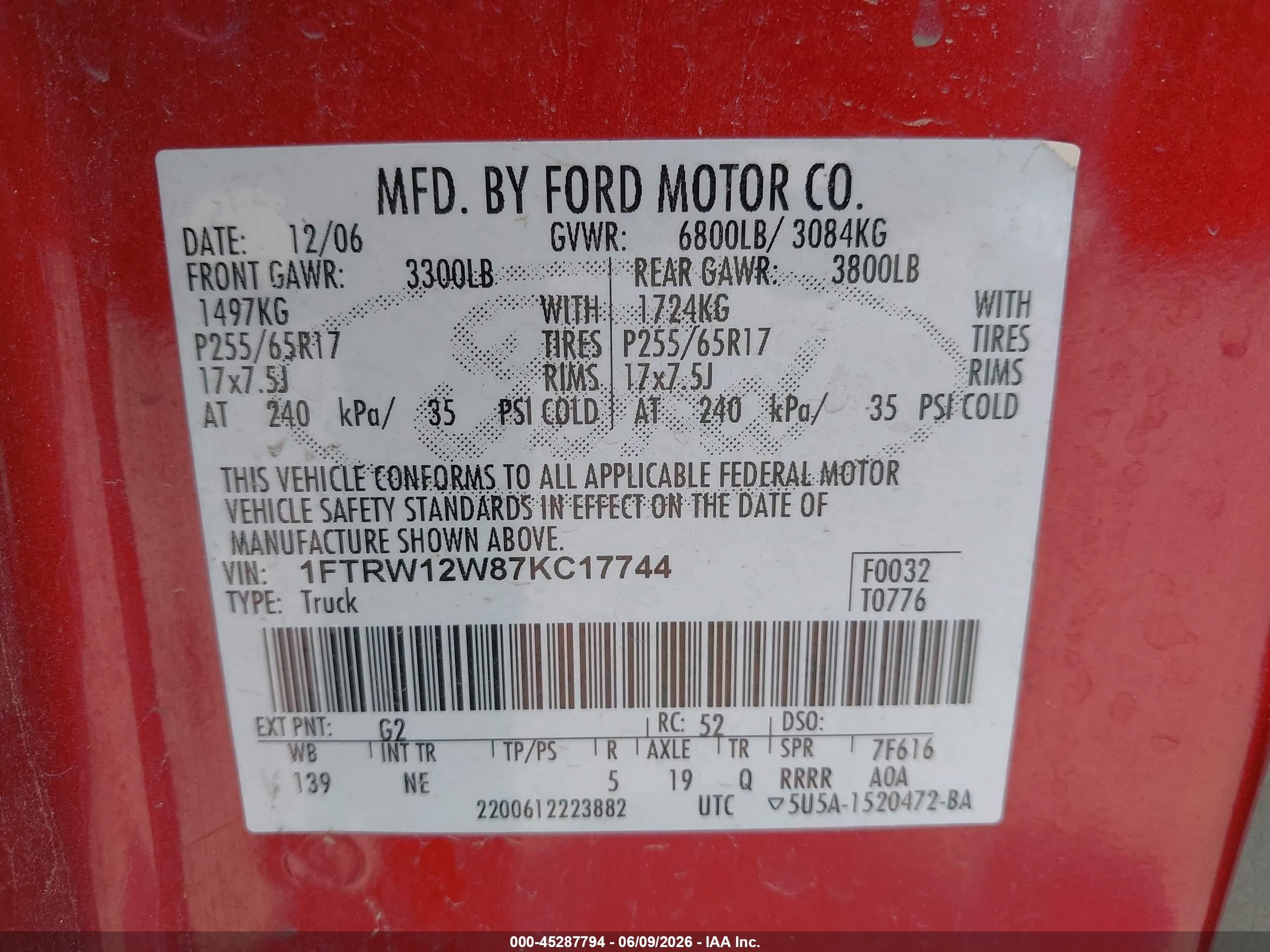 2007 Ford F-150 Fx2/xlt Red vin: 1FTRW12W87KC17744