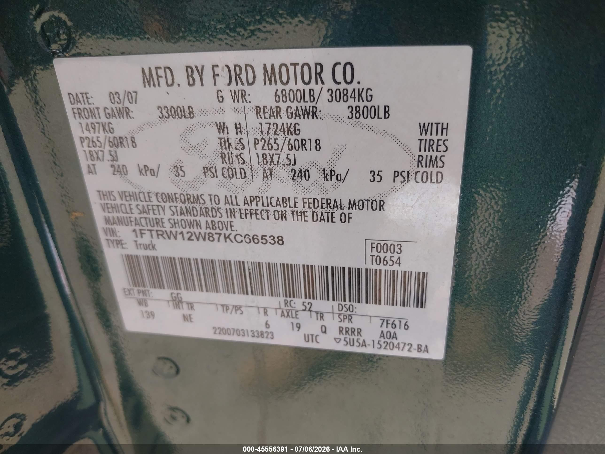 2007 Ford F-150 Xlt Green vin: 1FTRW12W87KC66538