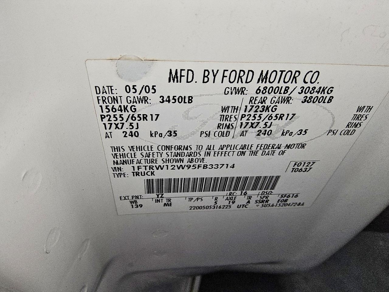 2005 Ford F150 Supercrew White vin: 1FTRW12W95FB33714