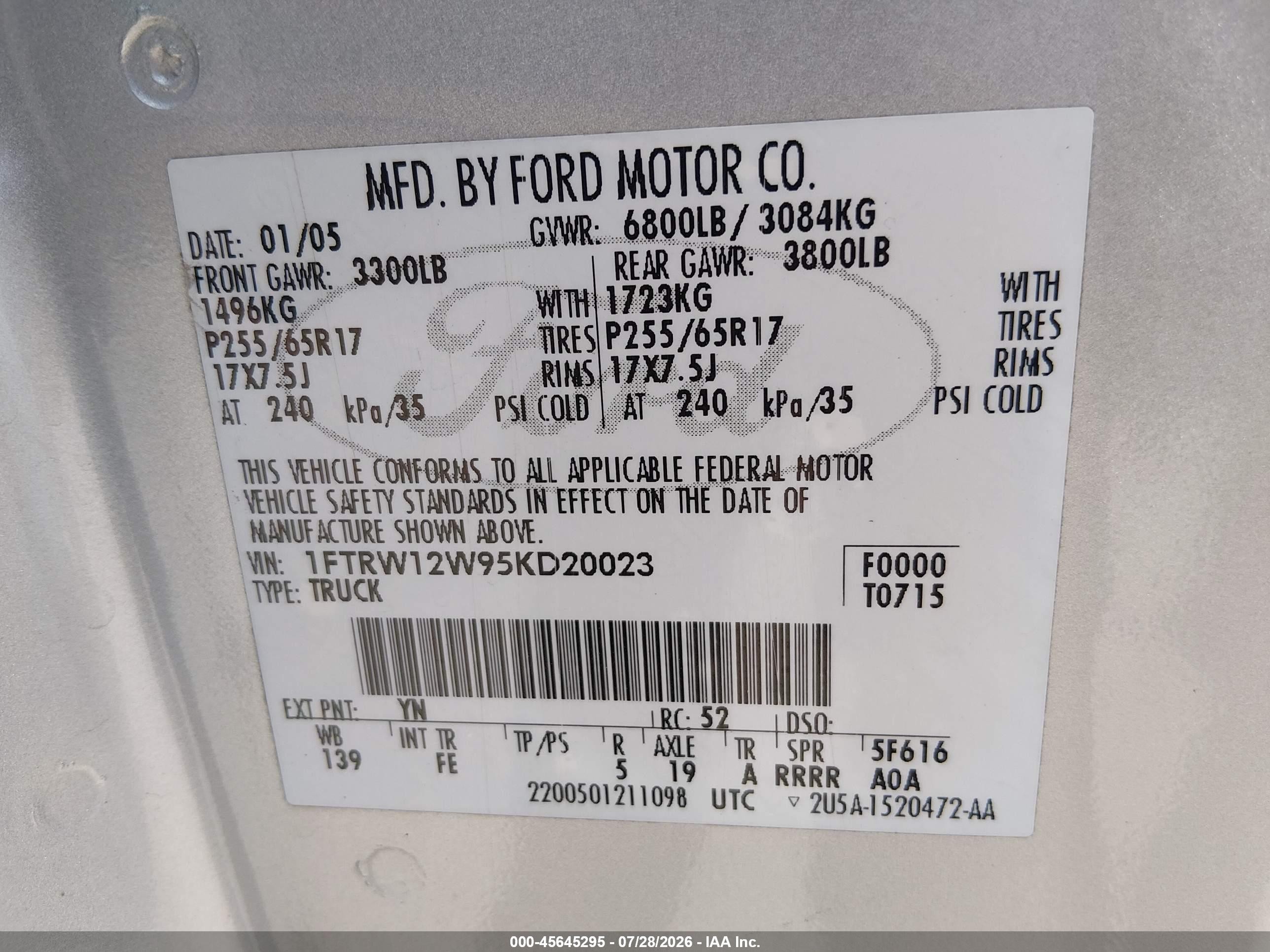 2005 Ford F-150 Xlt Silver vin: 1FTRW12W95KD20023