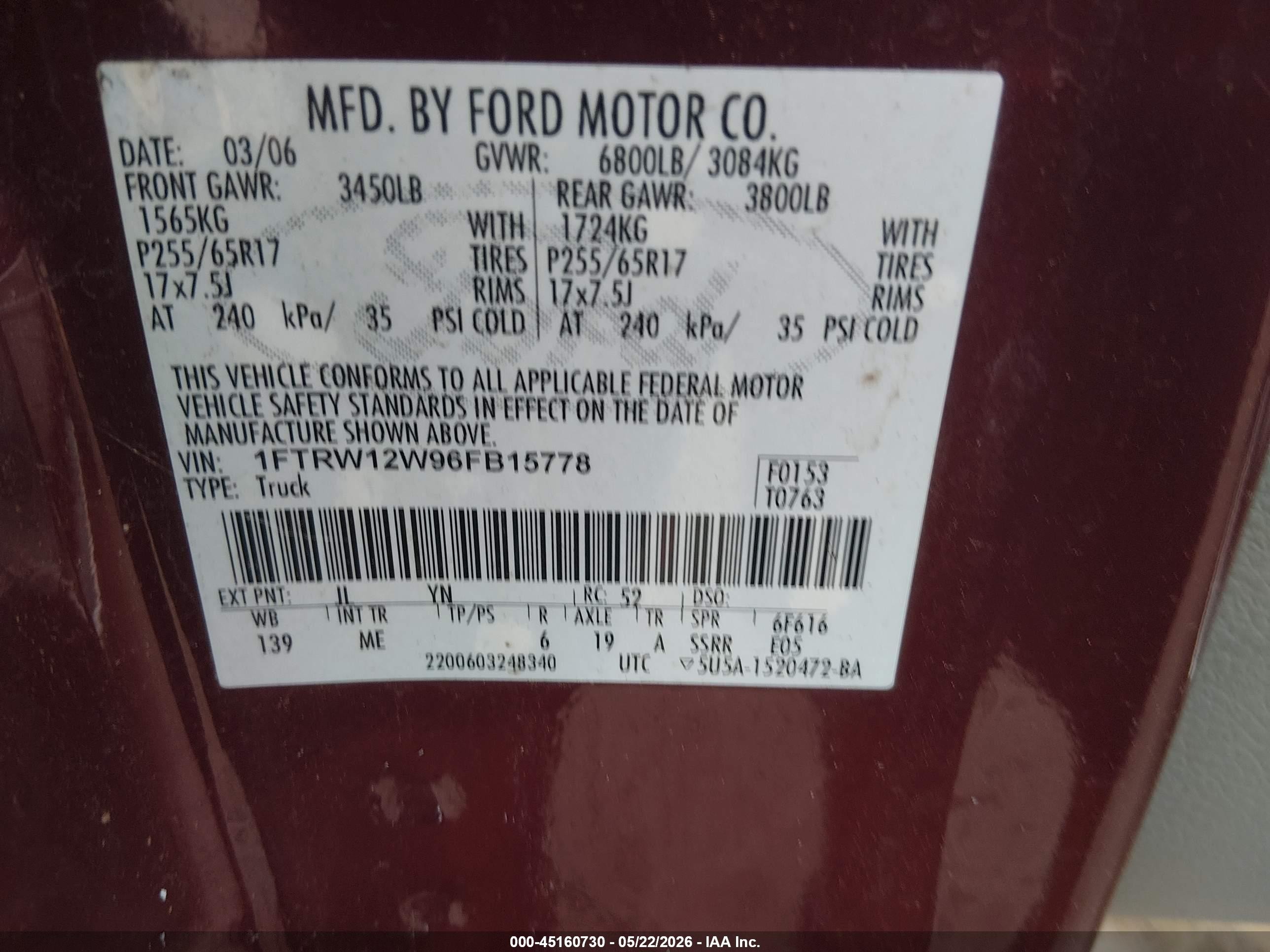 2006 Ford F-150 Xlt Burgundy vin: 1FTRW12W96FB15778