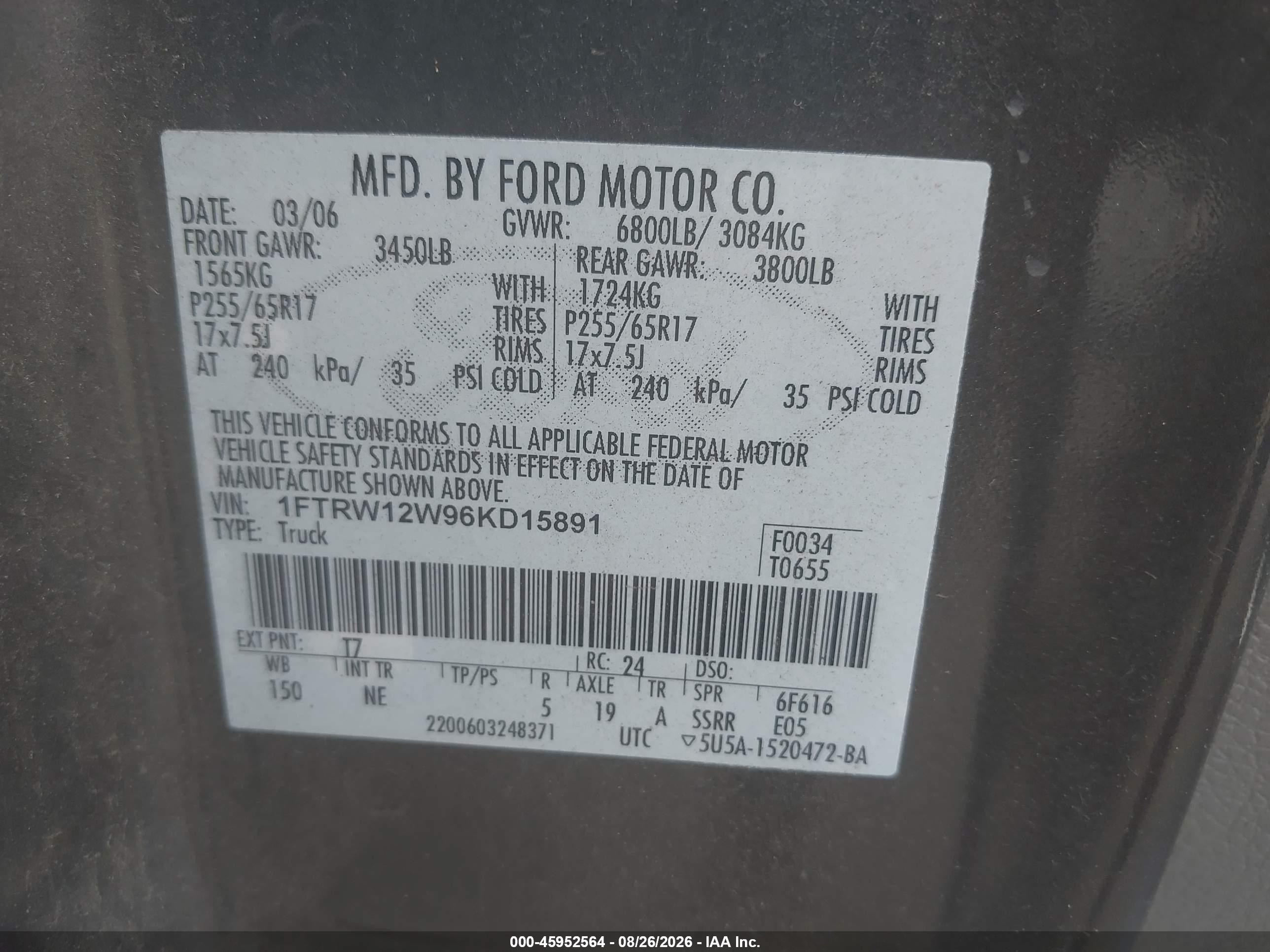 2006 Ford F-150 Xlt Black vin: 1FTRW12W96KD15891