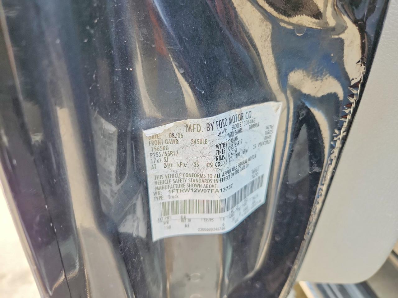 2007 Ford F150 Supercrew Черный vin: 1FTRW12W97FA13737