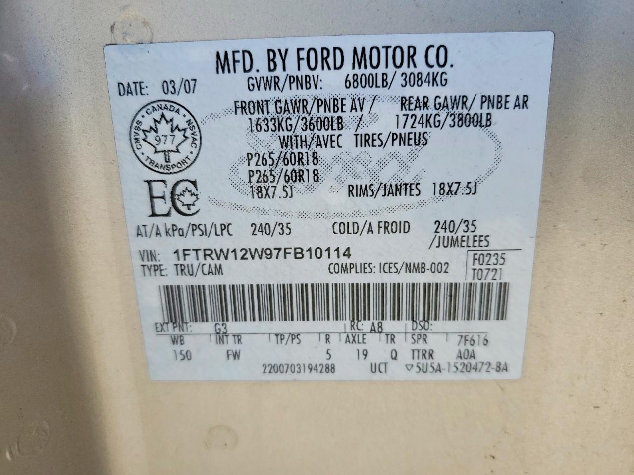 2007 Ford F150 Supercrew Tan vin: 1FTRW12W97FB10114