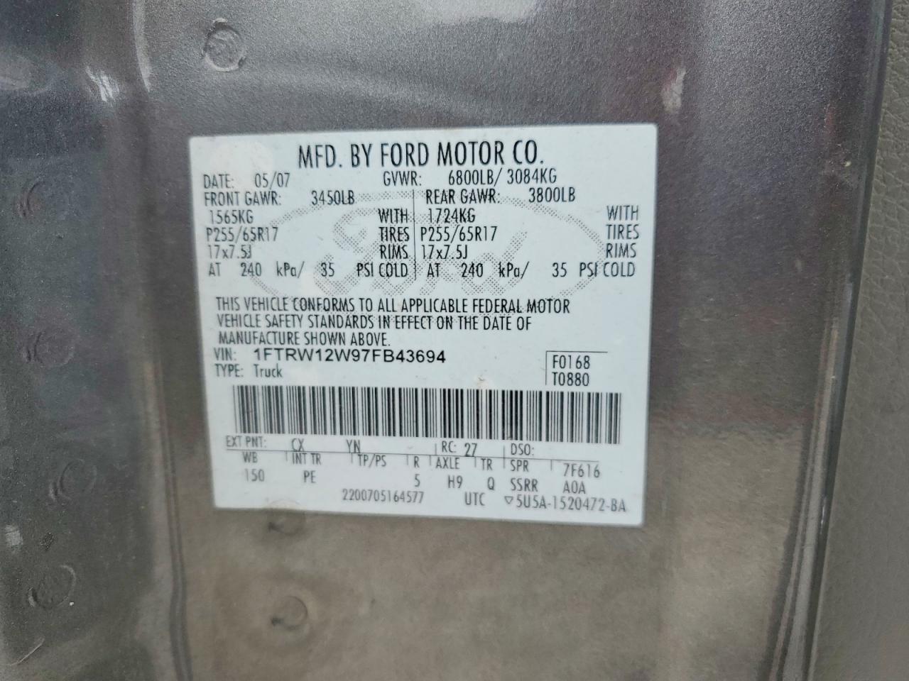 2007 Ford F150 Supercrew Gray vin: 1FTRW12W97FB43694