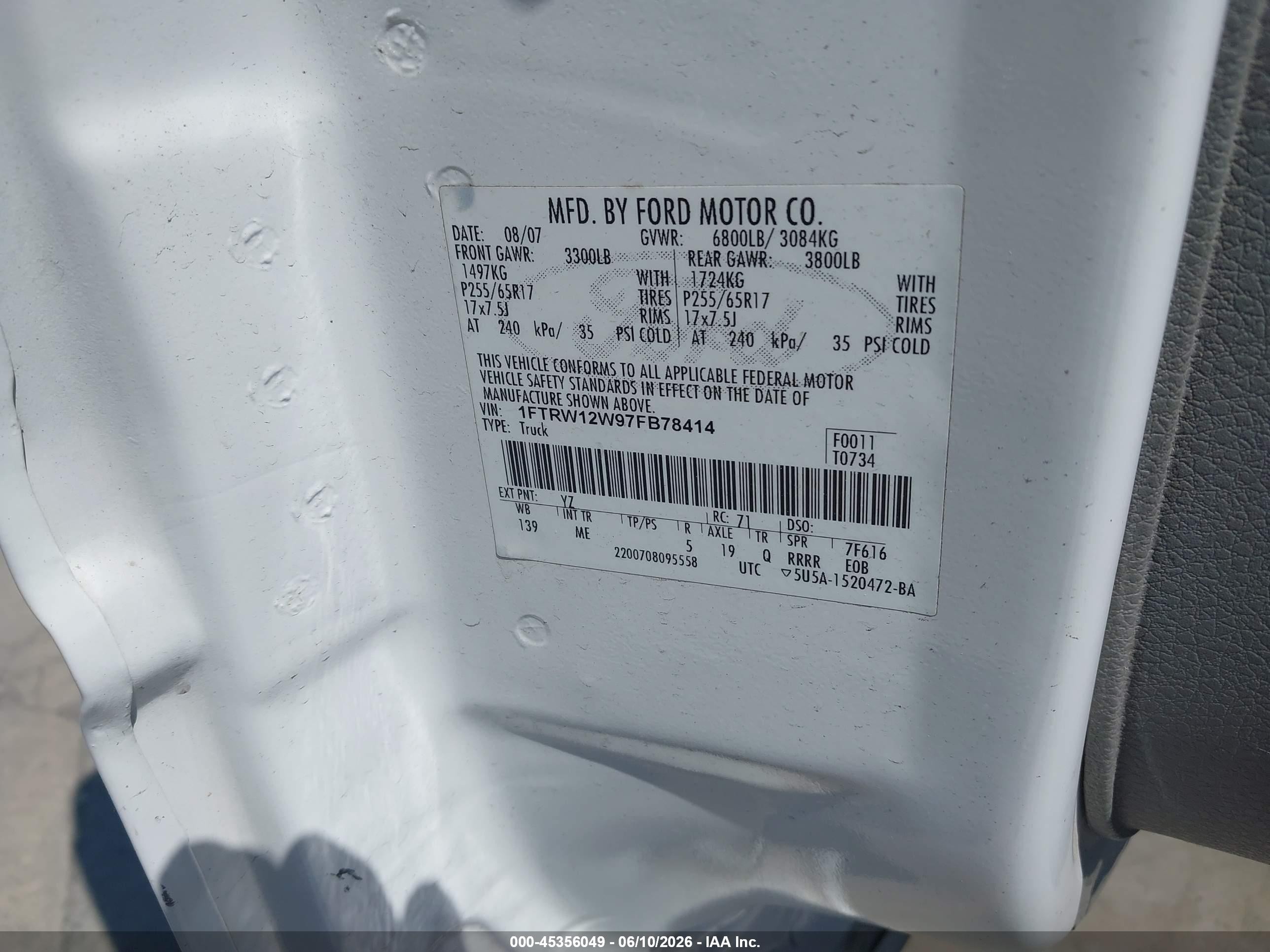 2007 Ford F-150 Xlt White vin: 1FTRW12W97FB78414