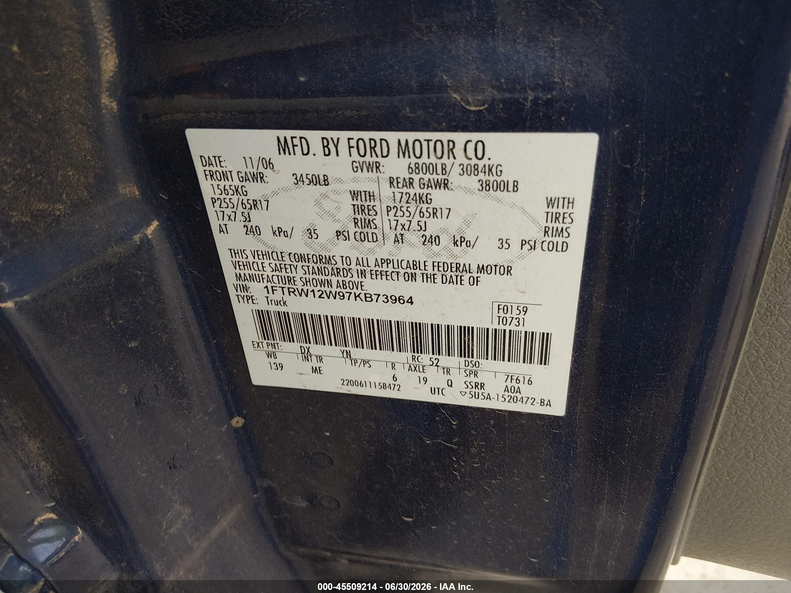 2007 Ford F-150 Xlt Blue vin: 1FTRW12W97KB73964