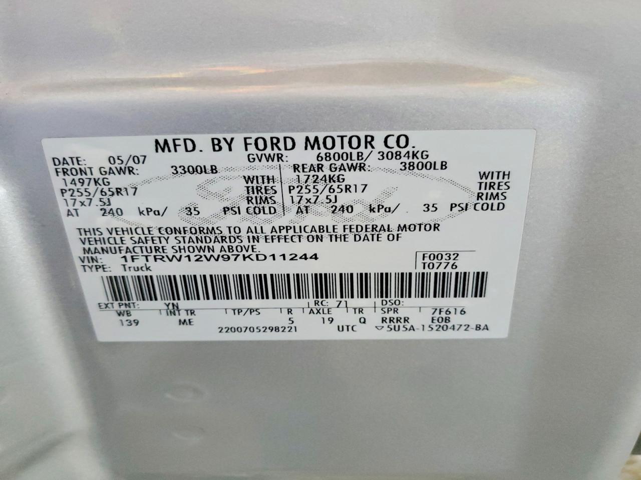 2007 Ford F150 Supercrew Gray vin: 1FTRW12W97KD11244