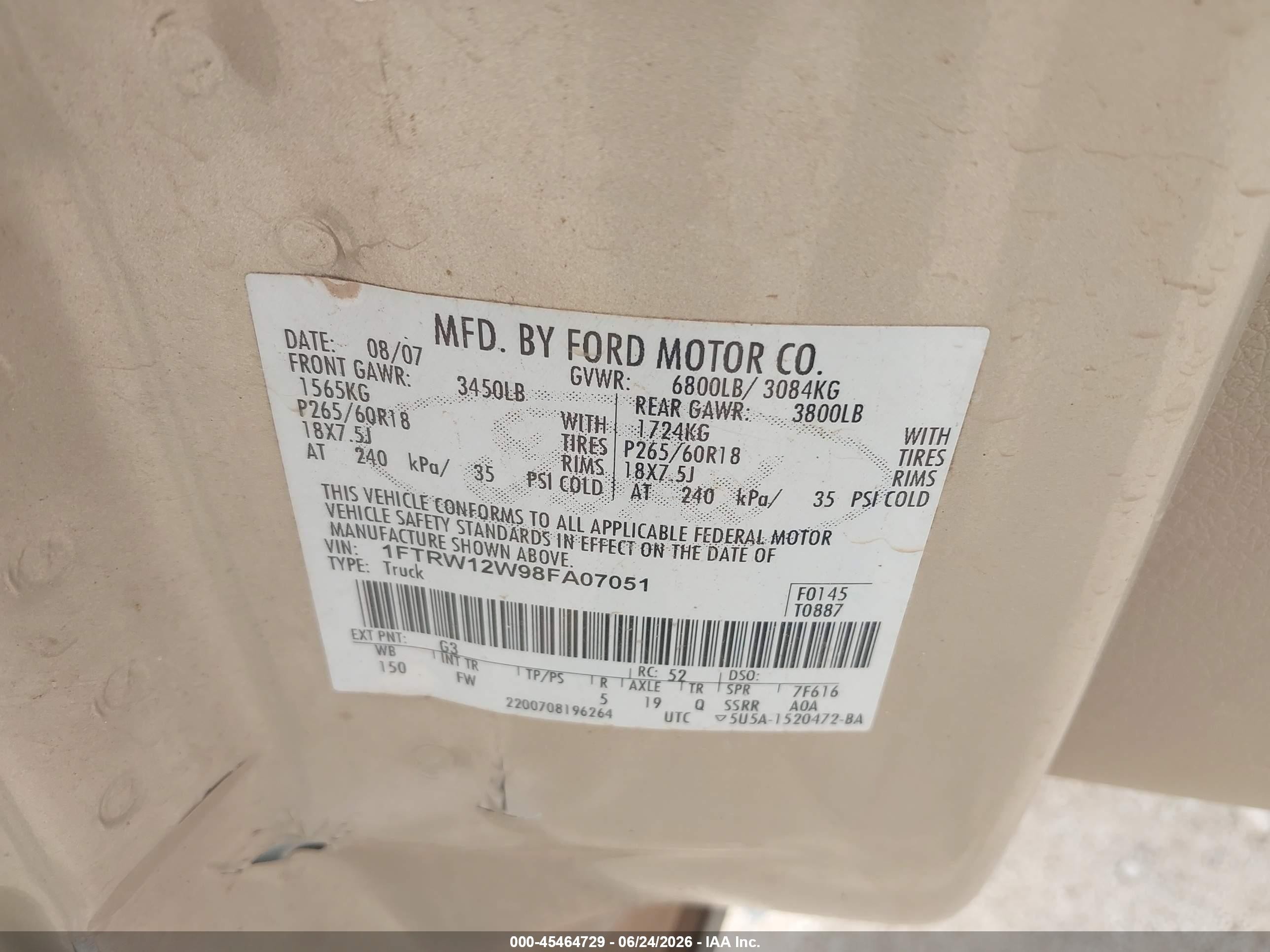2008 Ford F-150 60th Anniversary/fx2/xl/xlt Tan vin: 1FTRW12W98FA07051