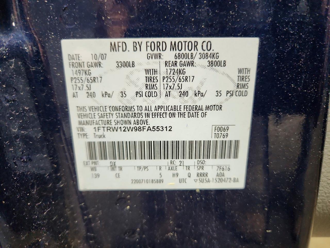 2008 Ford F150 Supercrew Синий vin: 1FTRW12W98FA55312