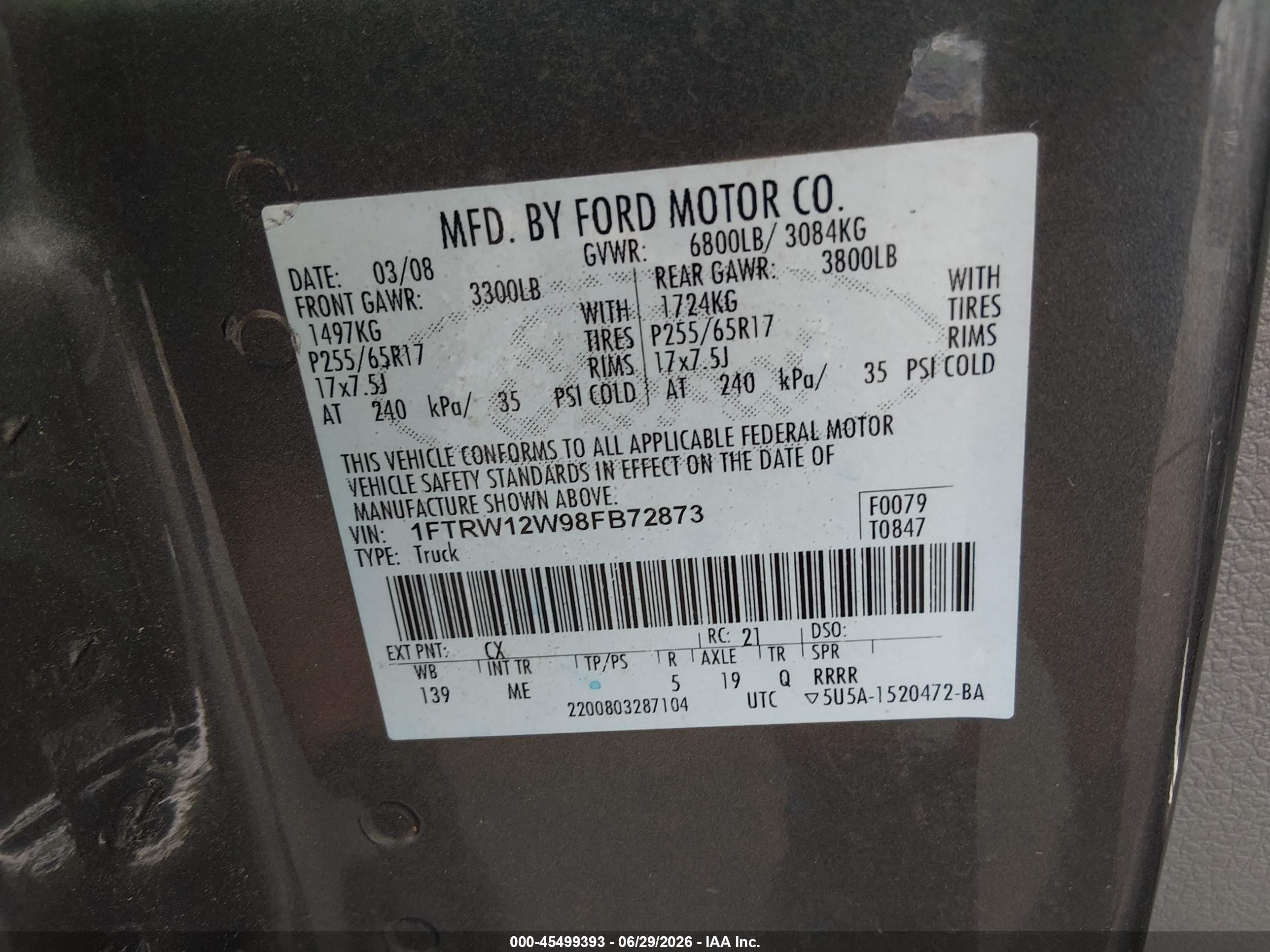 2008 Ford F-150 60th Anniversary/fx2/xl/xlt Gray vin: 1FTRW12W98FB72873