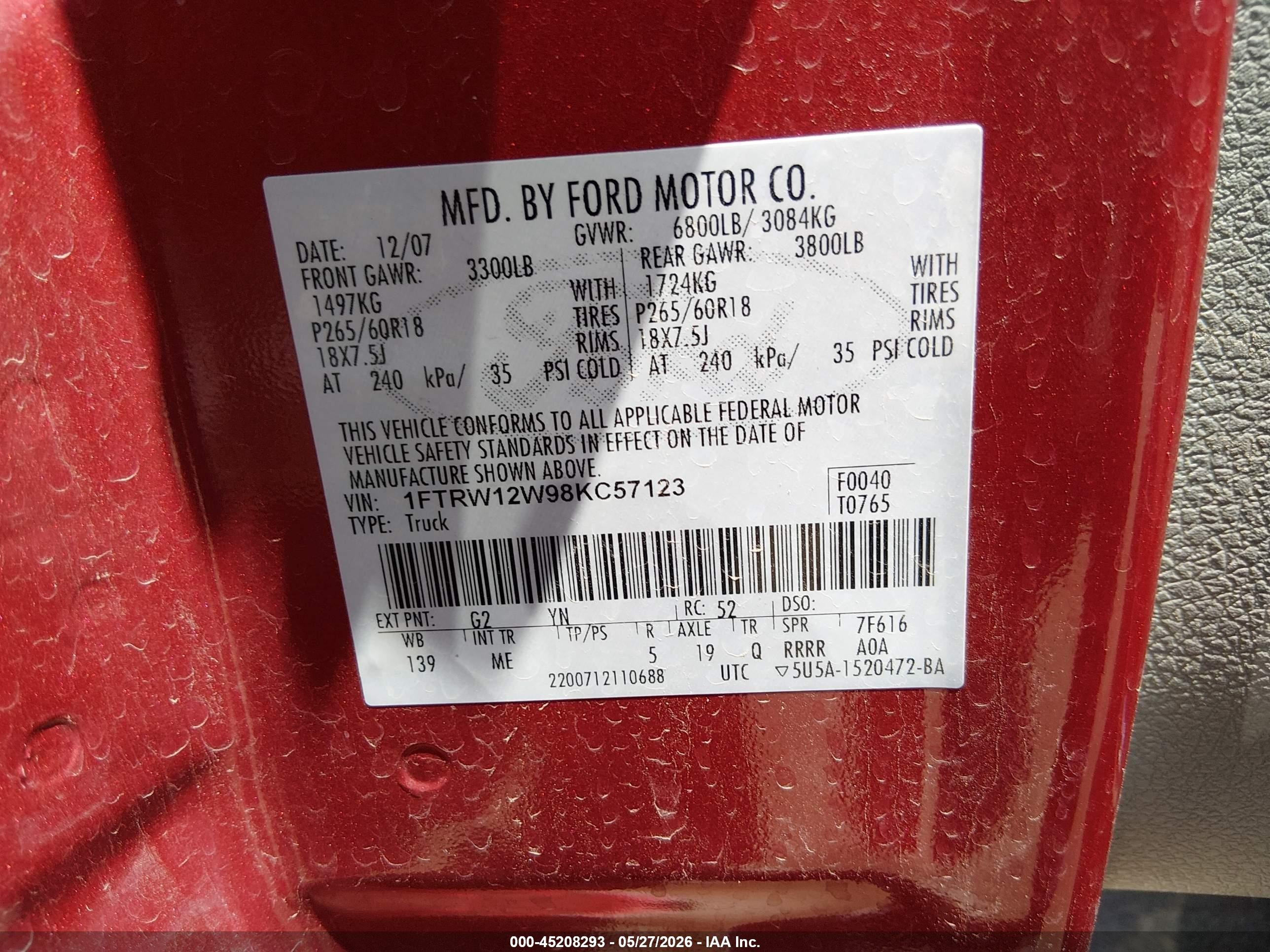 2008 Ford F-150 60th Anniversary/fx2/xl/xlt Красный vin: 1FTRW12W98KC57123