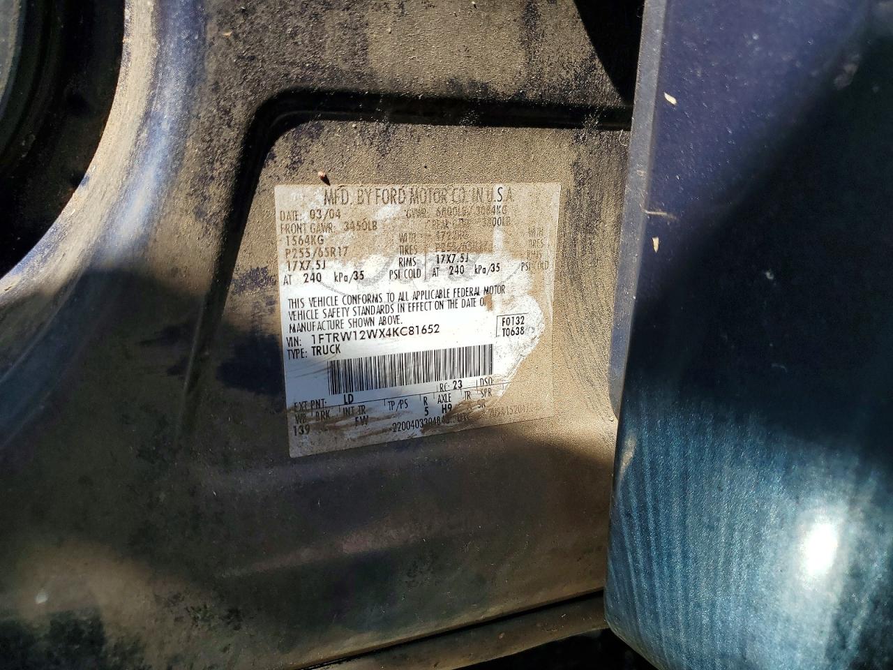2004 Ford F150 Supercrew Blue vin: 1FTRW12WX4KC81652