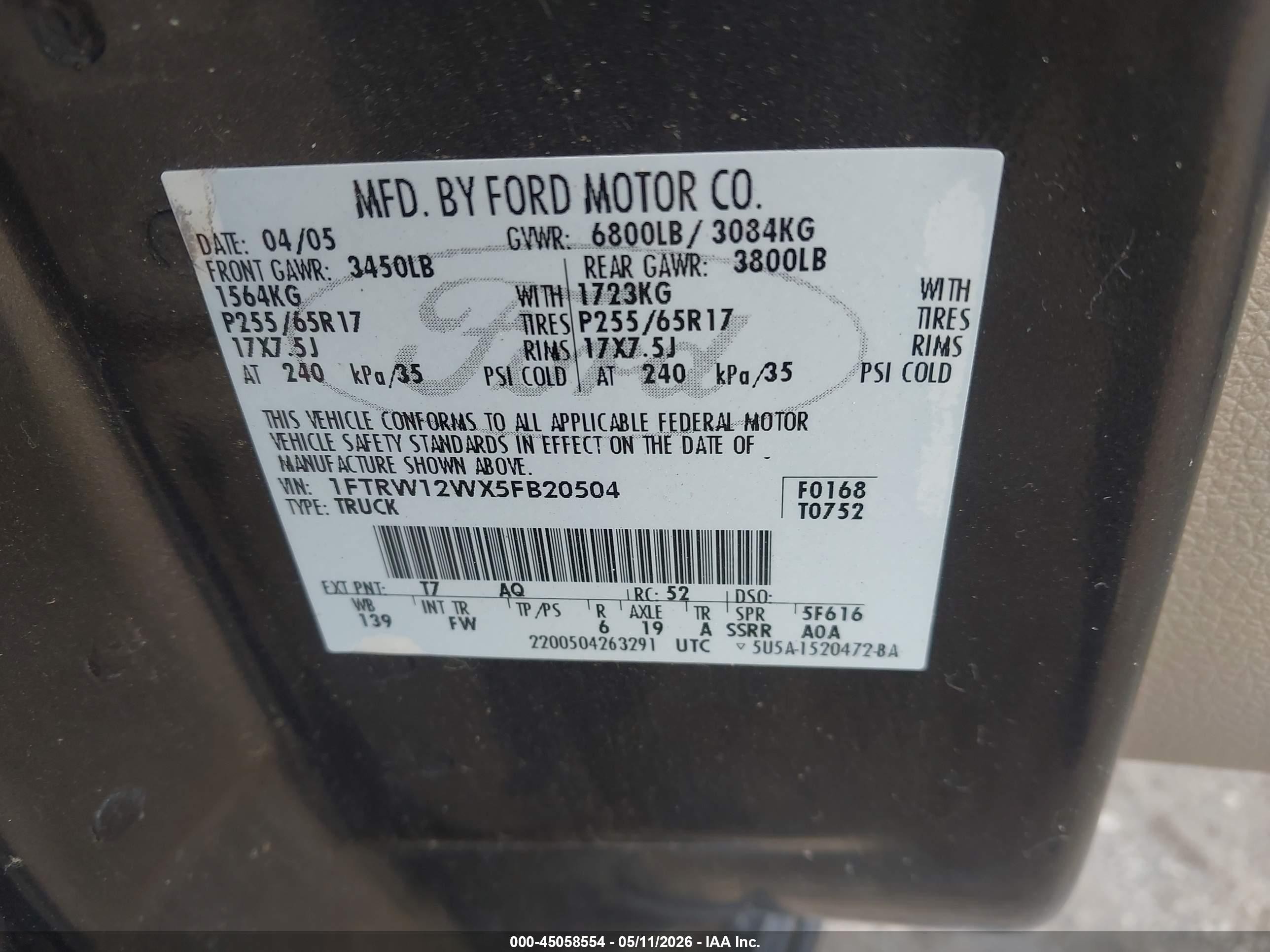 2005 Ford F-150 Xlt Brown vin: 1FTRW12WX5FB20504