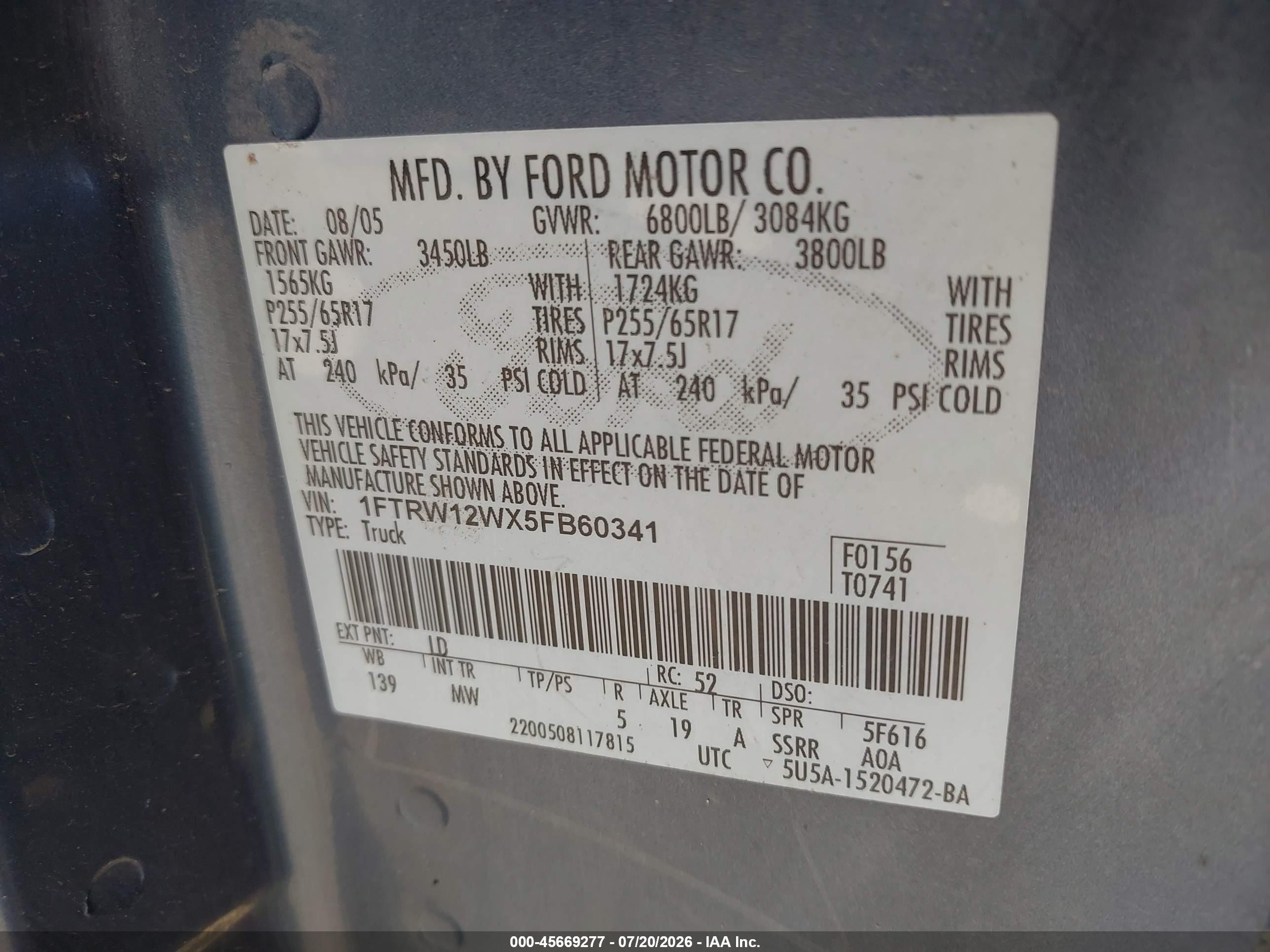 2005 Ford F-150 Xlt Blue vin: 1FTRW12WX5FB60341