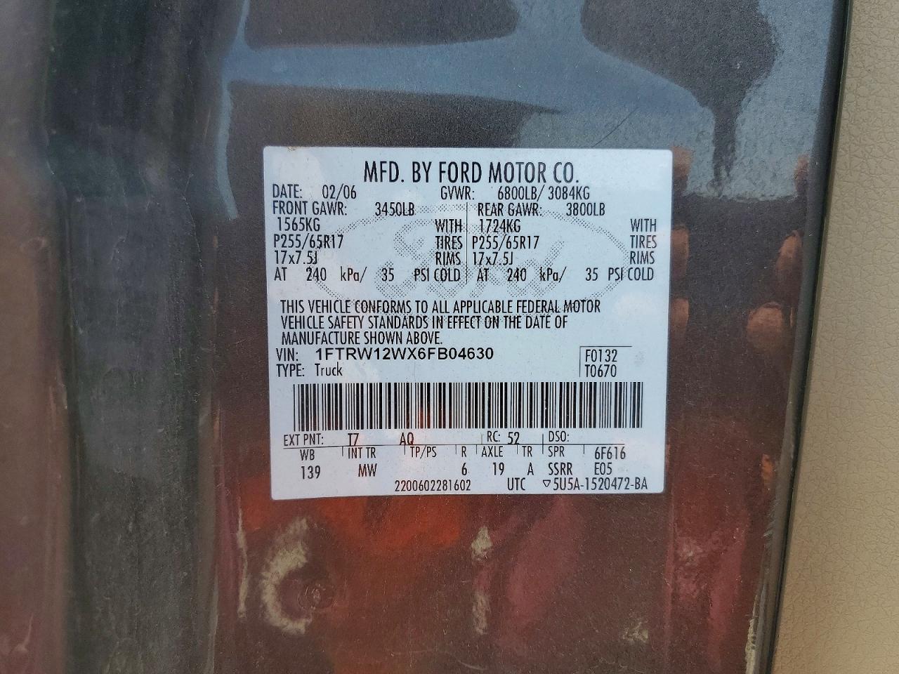 2006 Ford F150 Supercrew Gray vin: 1FTRW12WX6FB04630
