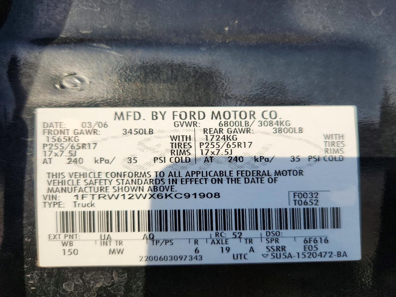 2006 Ford F150 Supercrew Black vin: 1FTRW12WX6KC91908