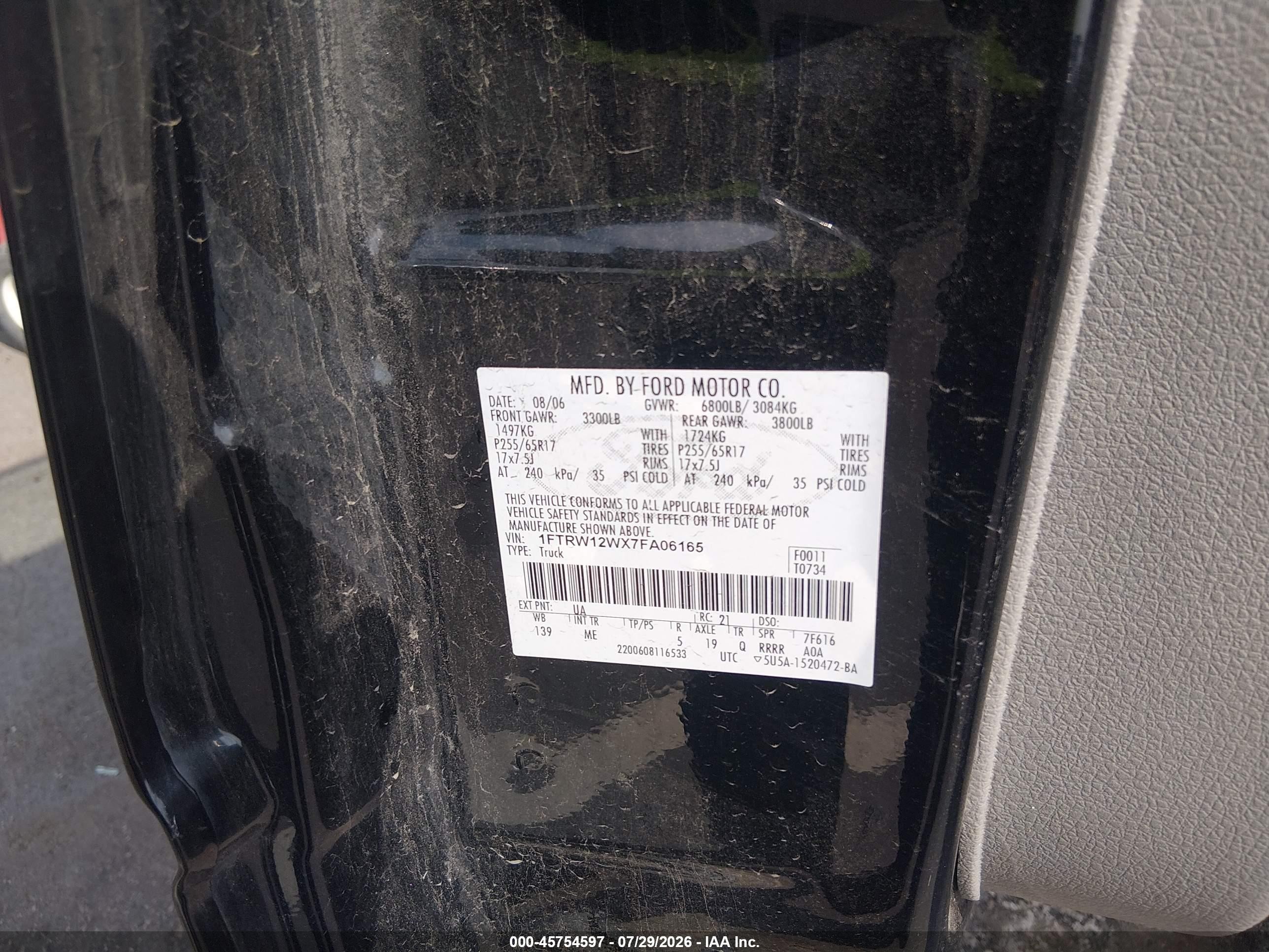 2007 Ford F-150 Xlt Black vin: 1FTRW12WX7FA06165
