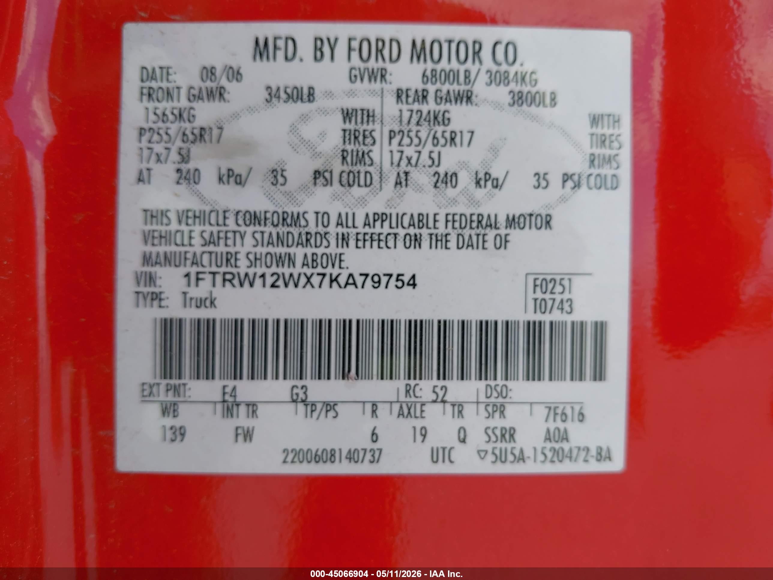 2007 Ford F-150 Xlt Red vin: 1FTRW12WX7KA79754