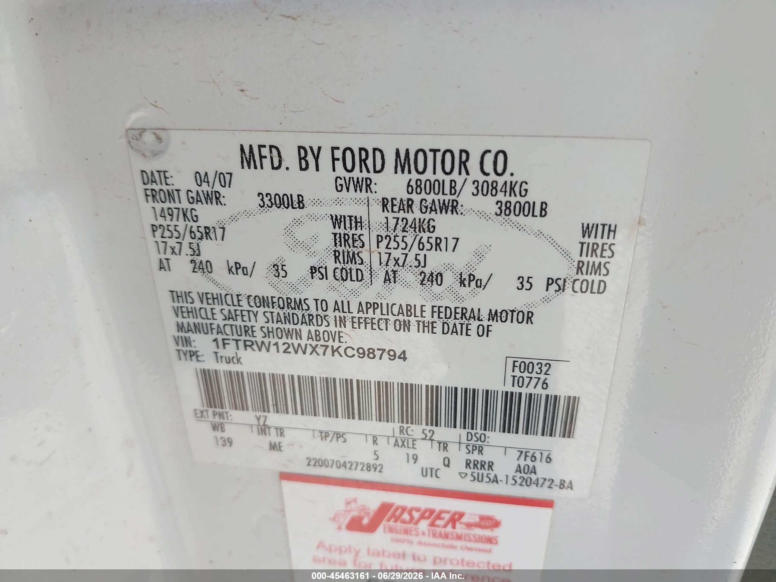 2007 Ford F-150 Xlt White vin: 1FTRW12WX7KC98794