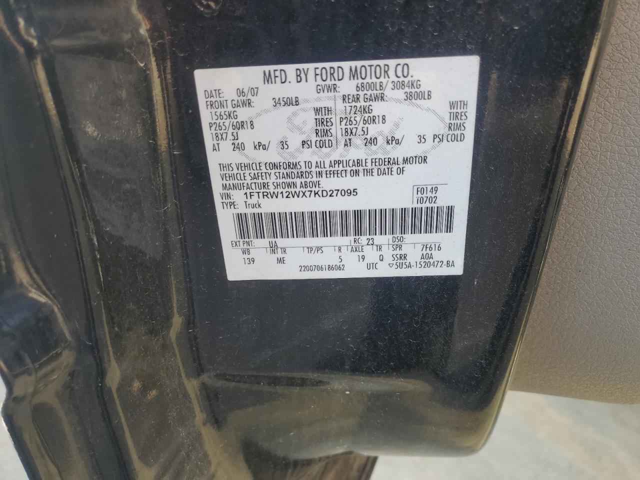 2007 Ford F150 Supercrew Black vin: 1FTRW12WX7KD27095