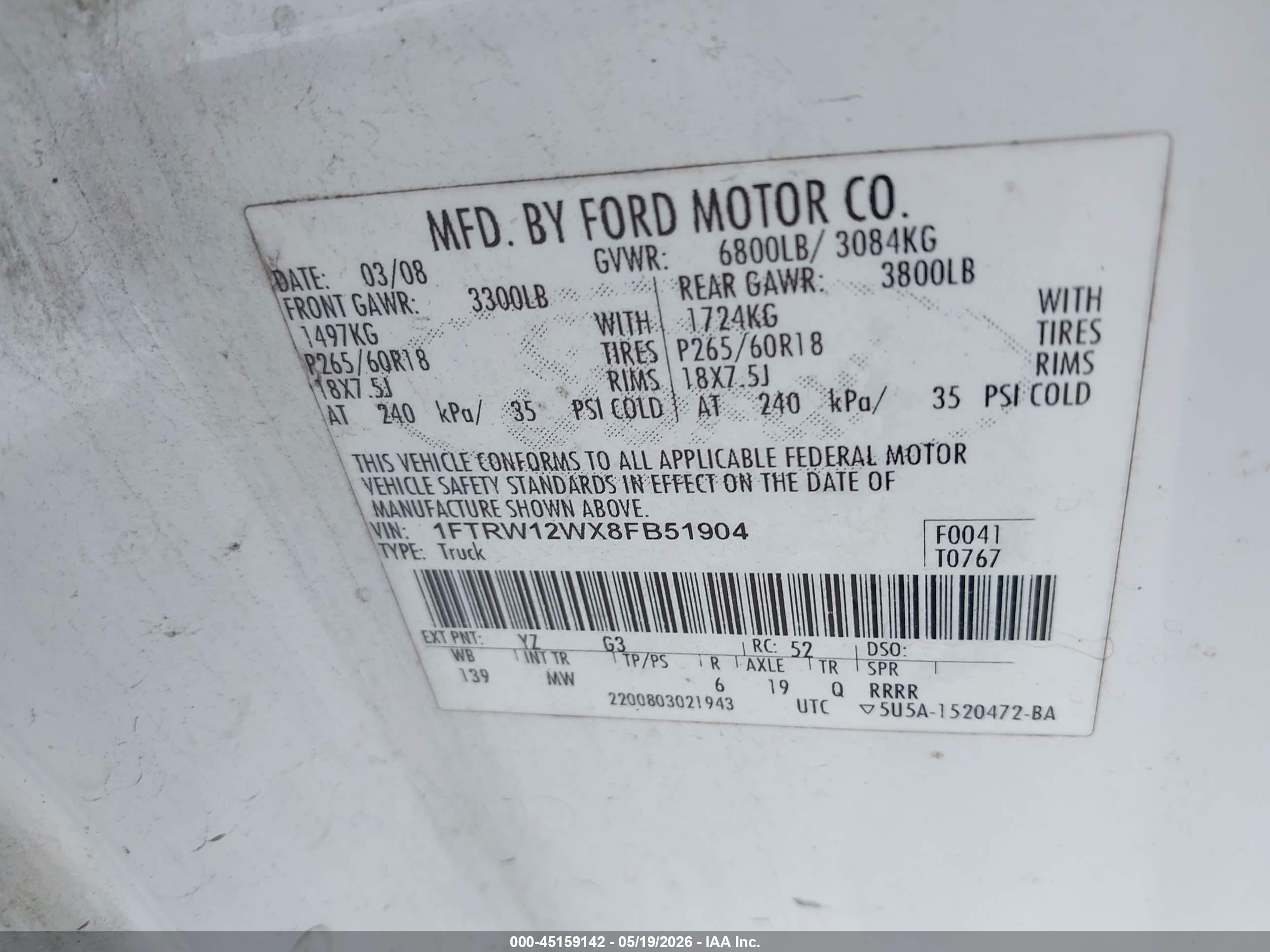 2008 Ford F-150 60th Anniversary/fx2/xl/xlt White vin: 1FTRW12WX8FB51904