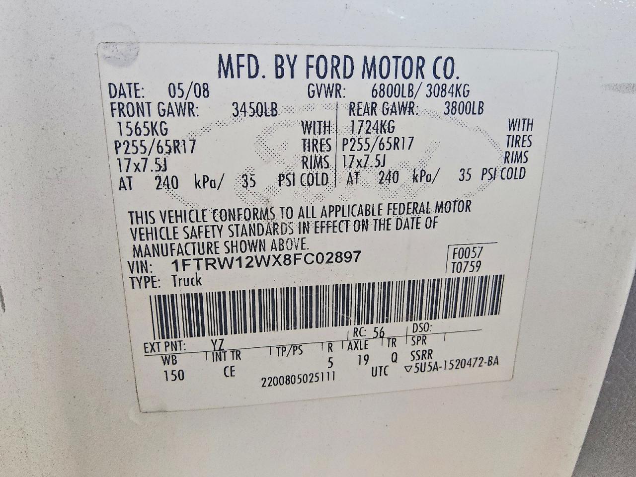 2008 Ford F150 Supercrew White vin: 1FTRW12WX8FC02897