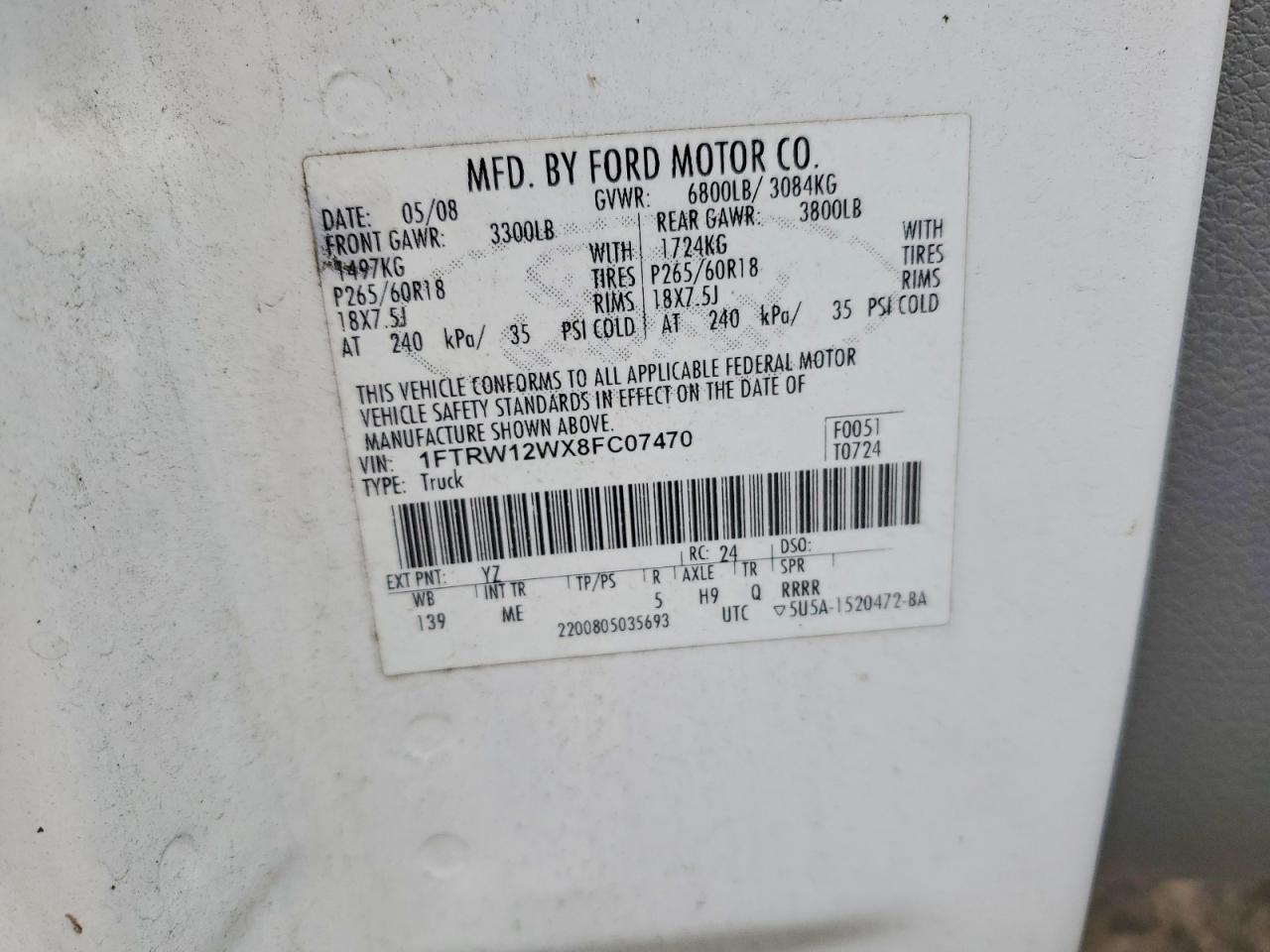 2008 Ford F150 Supercrew White vin: 1FTRW12WX8FC07470