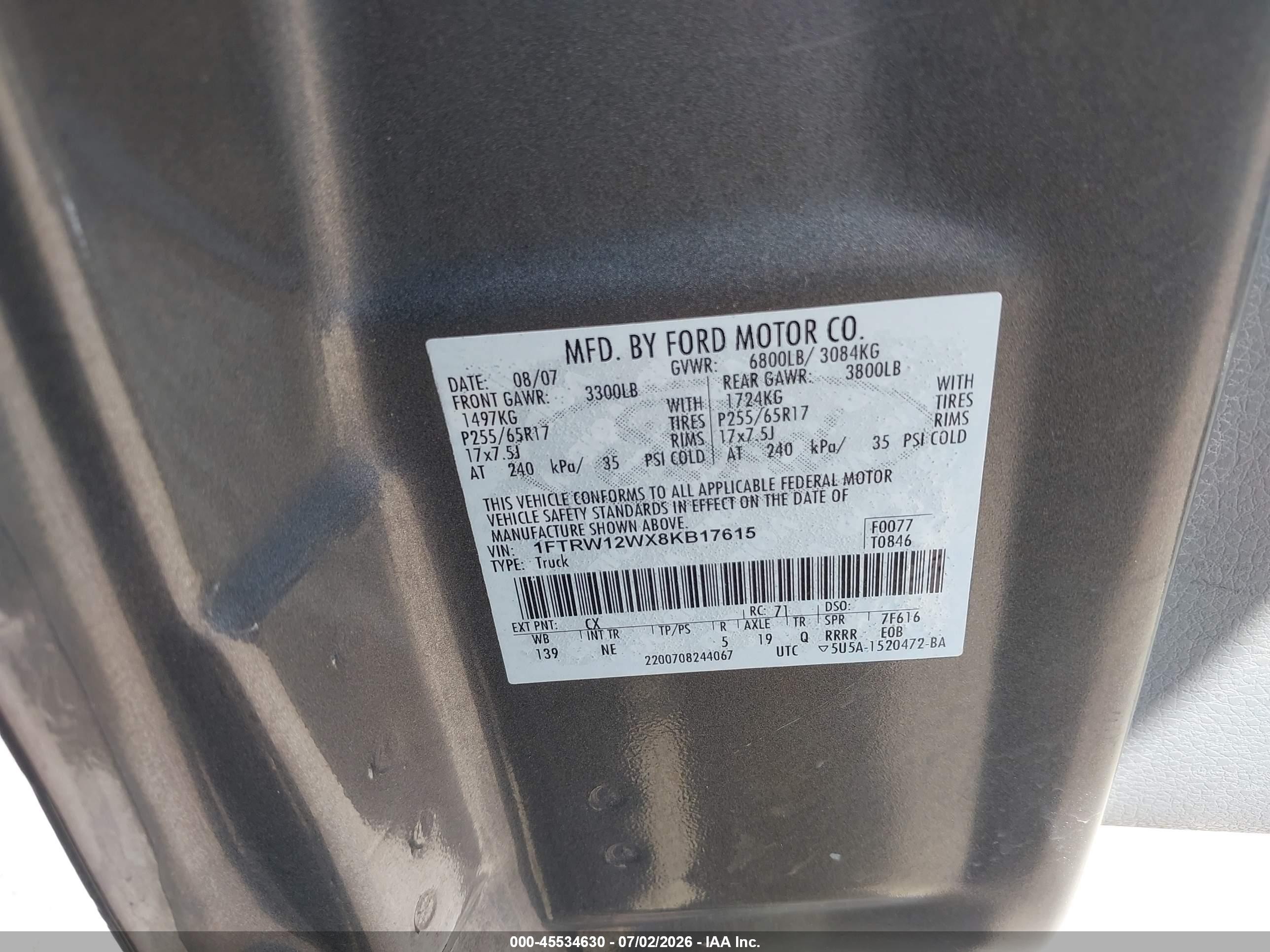 2008 Ford F-150 60th Anniversary/fx2/xl/xlt Gray vin: 1FTRW12WX8KB17615