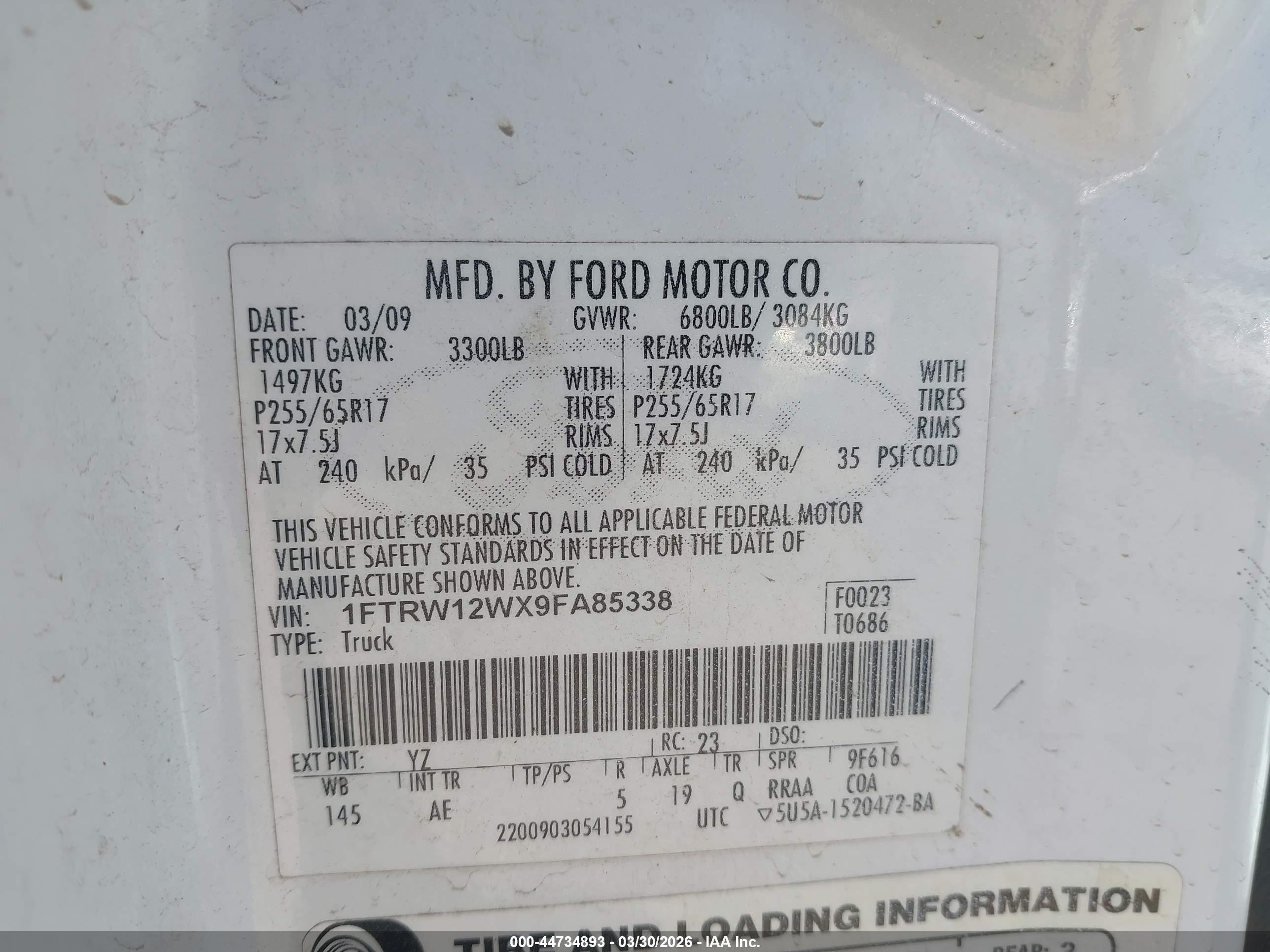 2009 Ford F-150 Xl/xlt Белый vin: 1FTRW12WX9FA85338