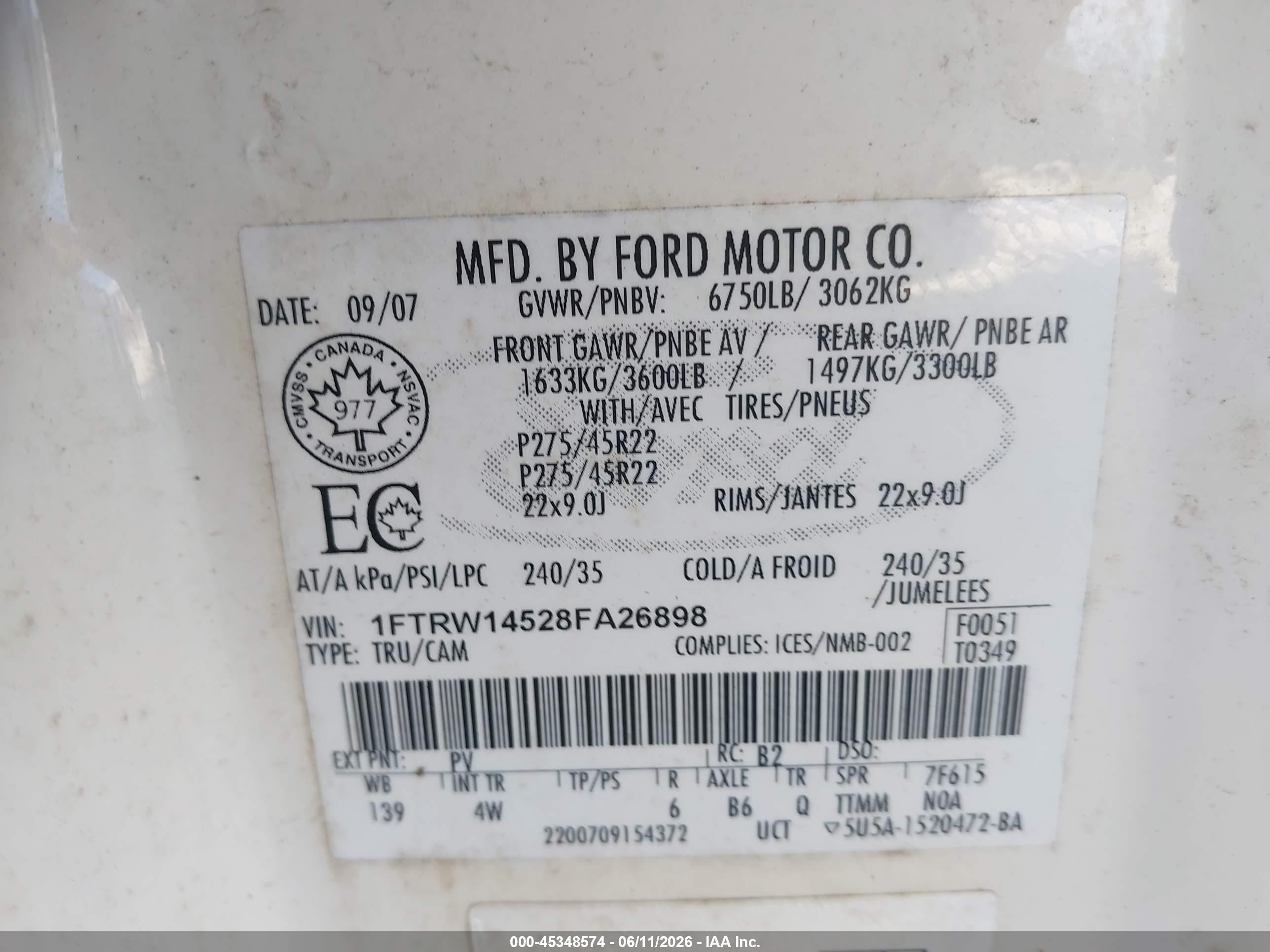 2008 Ford F-150 Harley-davidson/limited White vin: 1FTRW14528FA26898