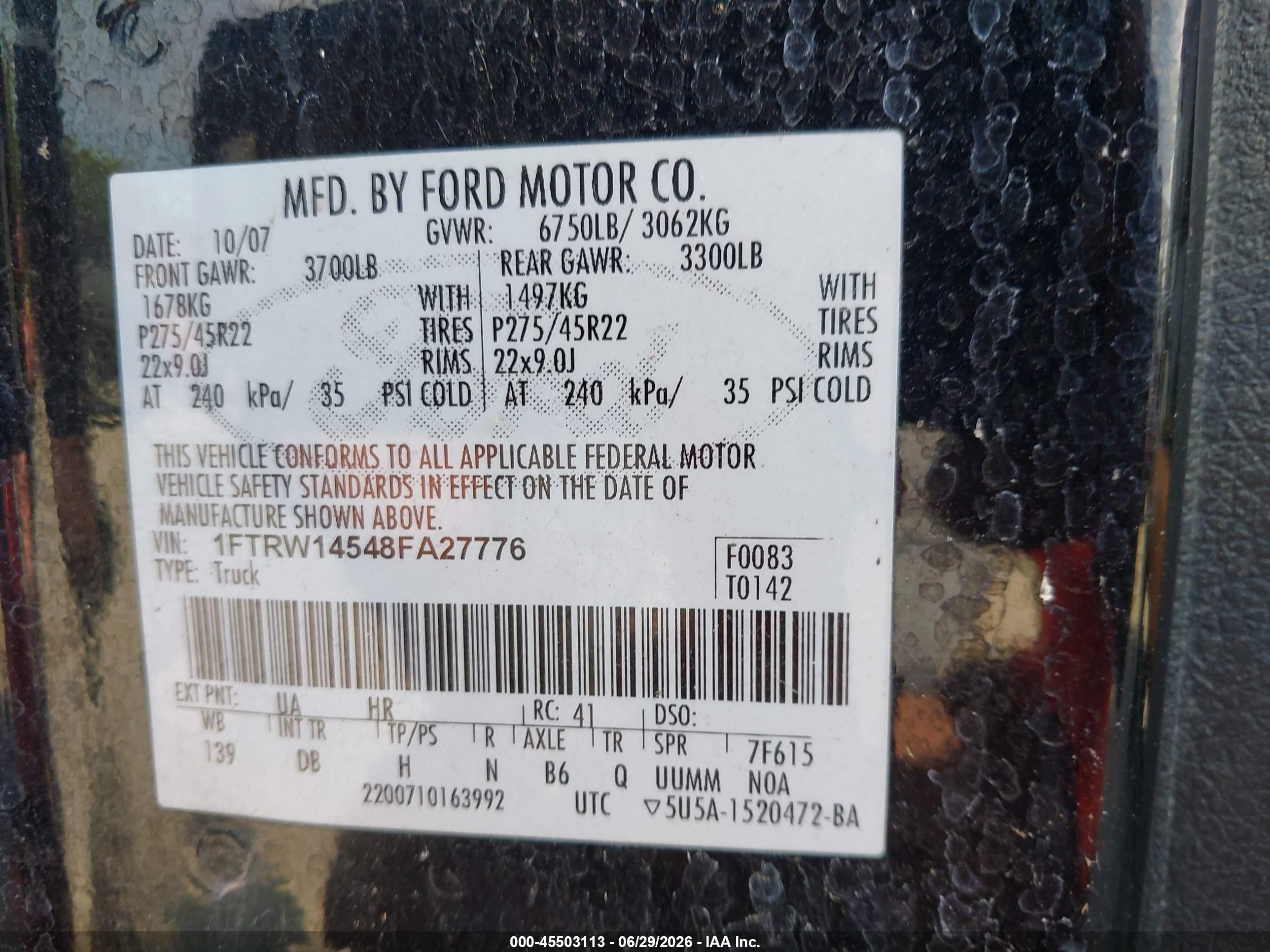 2008 Ford F-150 Harley-davidson/limited Black vin: 1FTRW14548FA27776