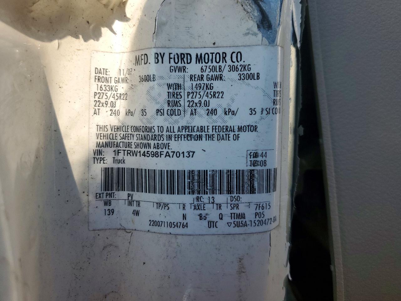 2008 Ford F150 Supercrew White vin: 1FTRW14598FA70137