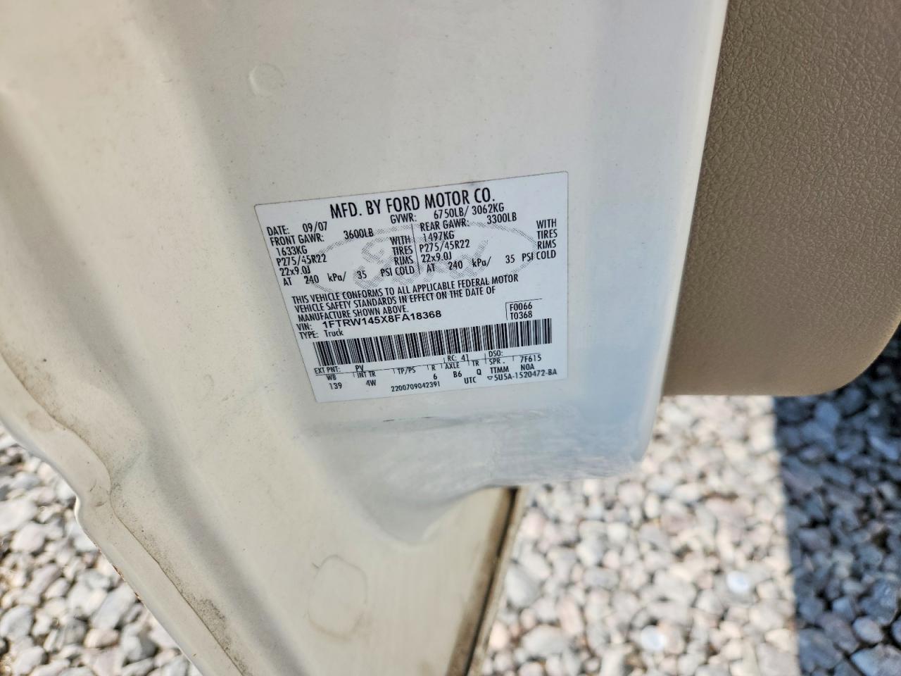 2008 Ford F150 Supercrew White vin: 1FTRW145X8FA18368