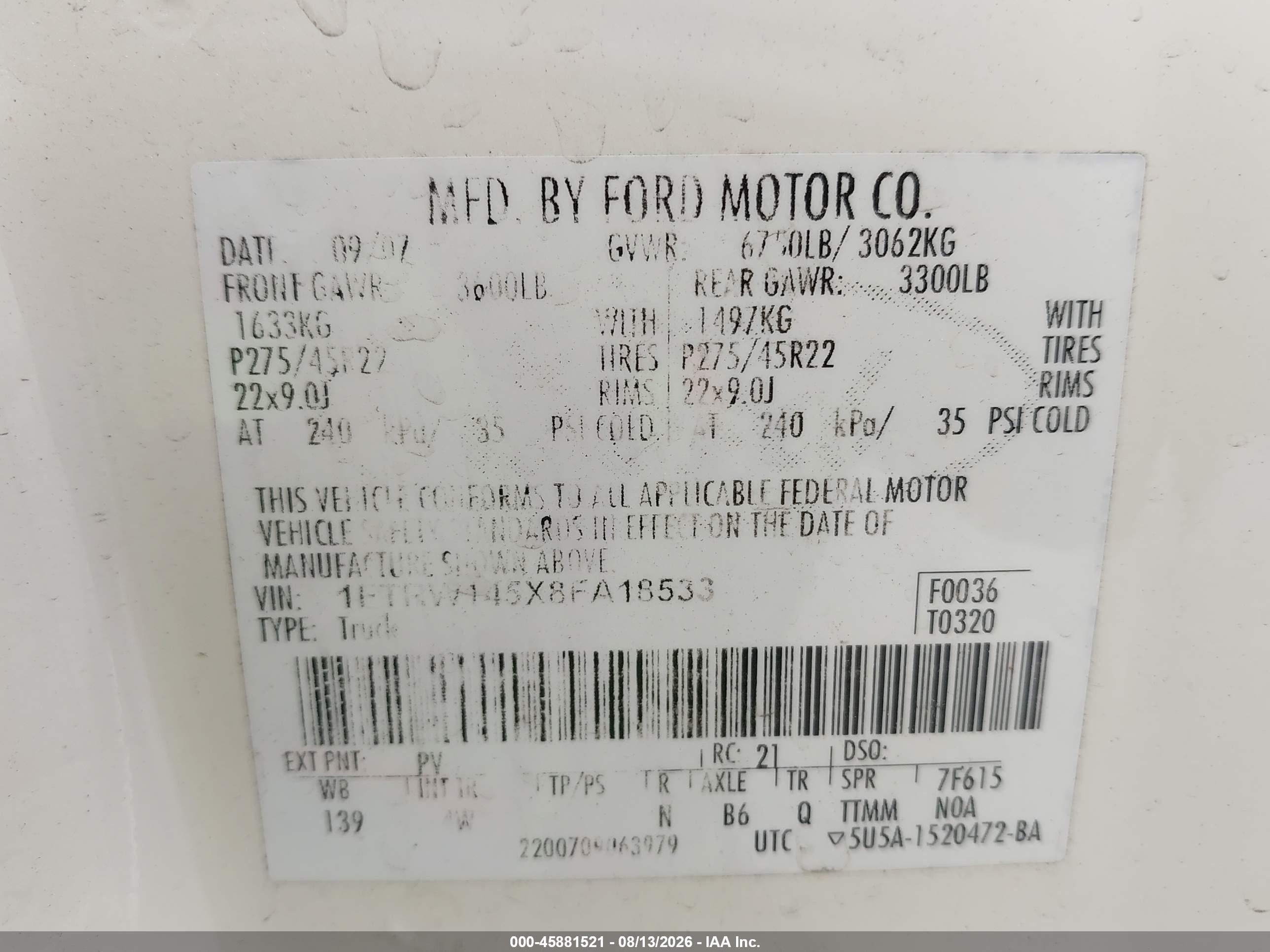 2008 Ford F-150 Lariat White vin: 1FTRW145X8FA18533