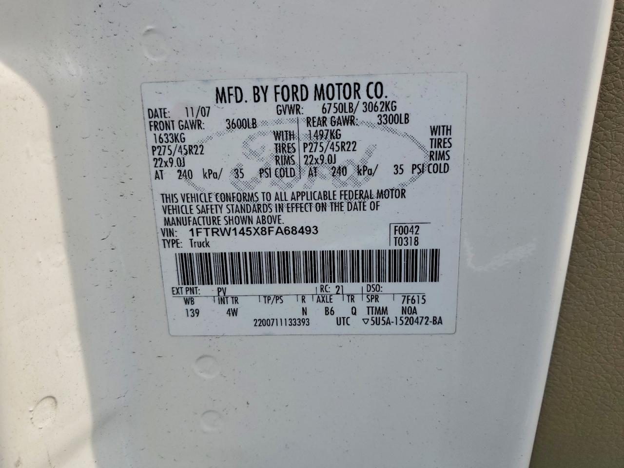 2008 Ford F150 Supercrew White vin: 1FTRW145X8FA68493