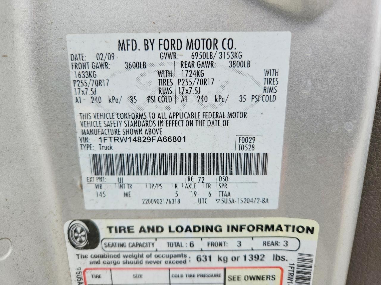 2009 Ford F150 Supercrew Silver vin: 1FTRW14829FA66801