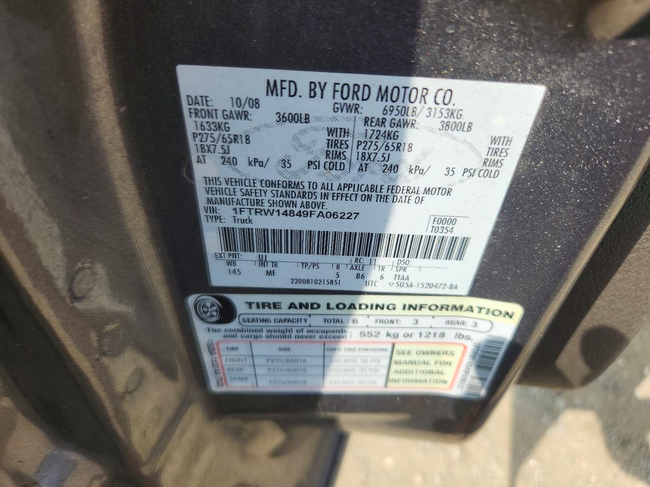 2009 Ford F150 Supercrew Gray vin: 1FTRW14849FA06227