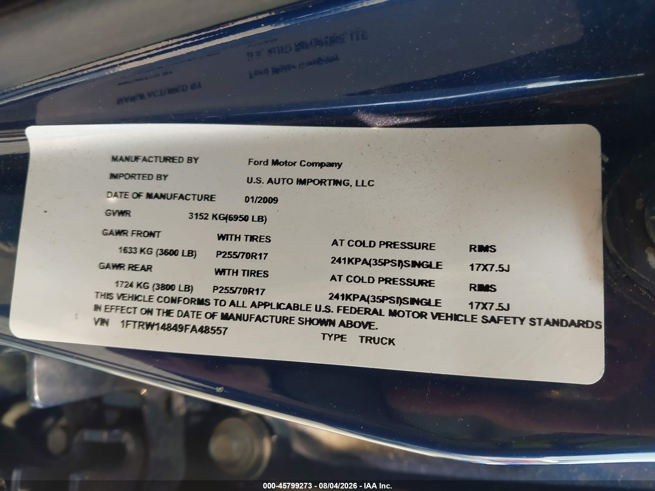 2009 Ford F-150 Xl/xlt Blue vin: 1FTRW14849FA48557