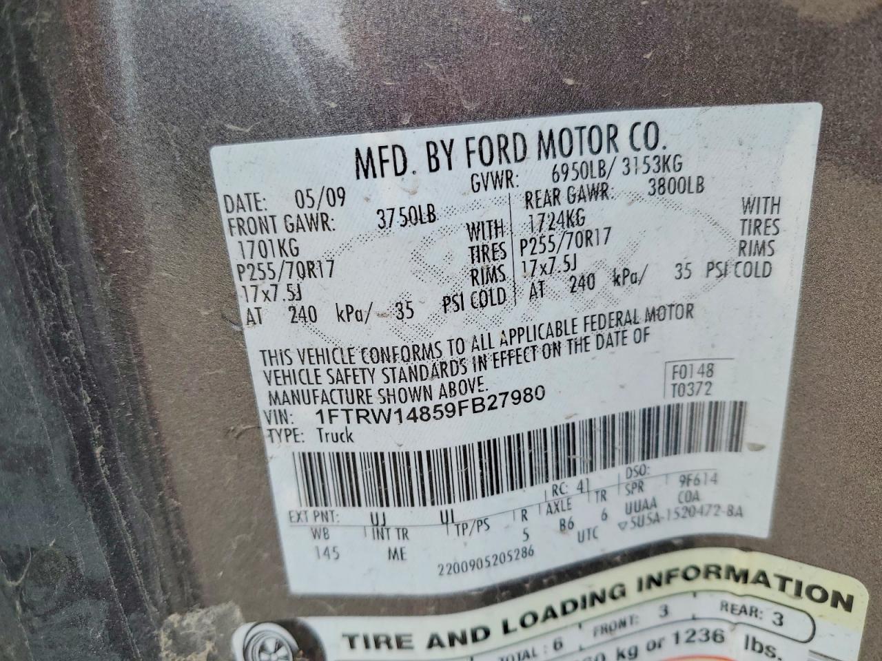 2009 Ford F150 Supercrew Угольный vin: 1FTRW14859FB27980