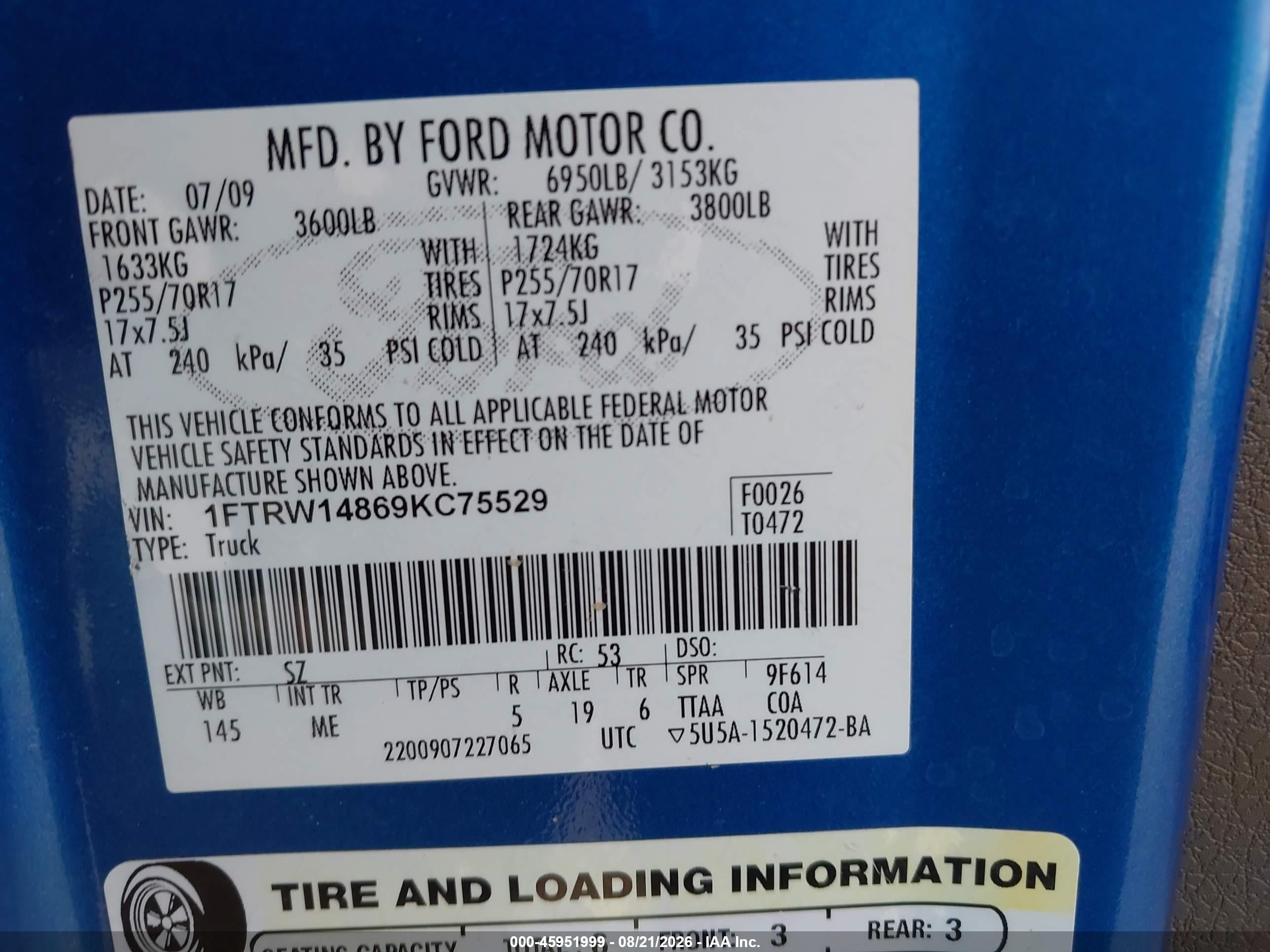 2009 Ford F-150 Xl/xlt Blue vin: 1FTRW14869KC75529