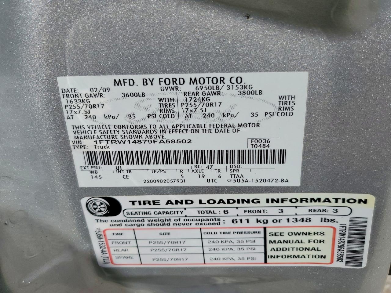 2009 Ford F150 Supercrew Silver vin: 1FTRW14879FA58502
